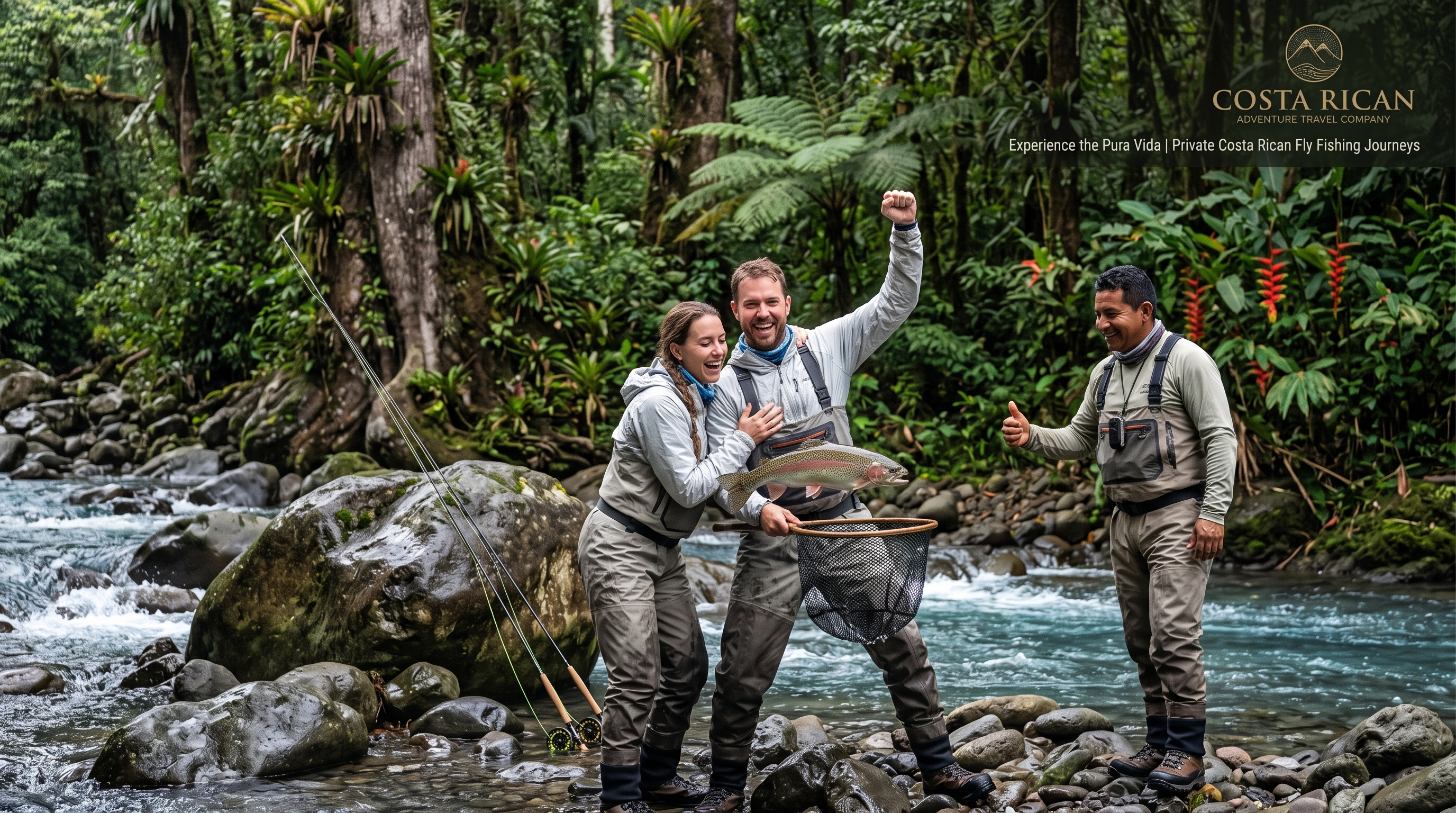 Fly fishing couple in a Costa Rica rainforest river