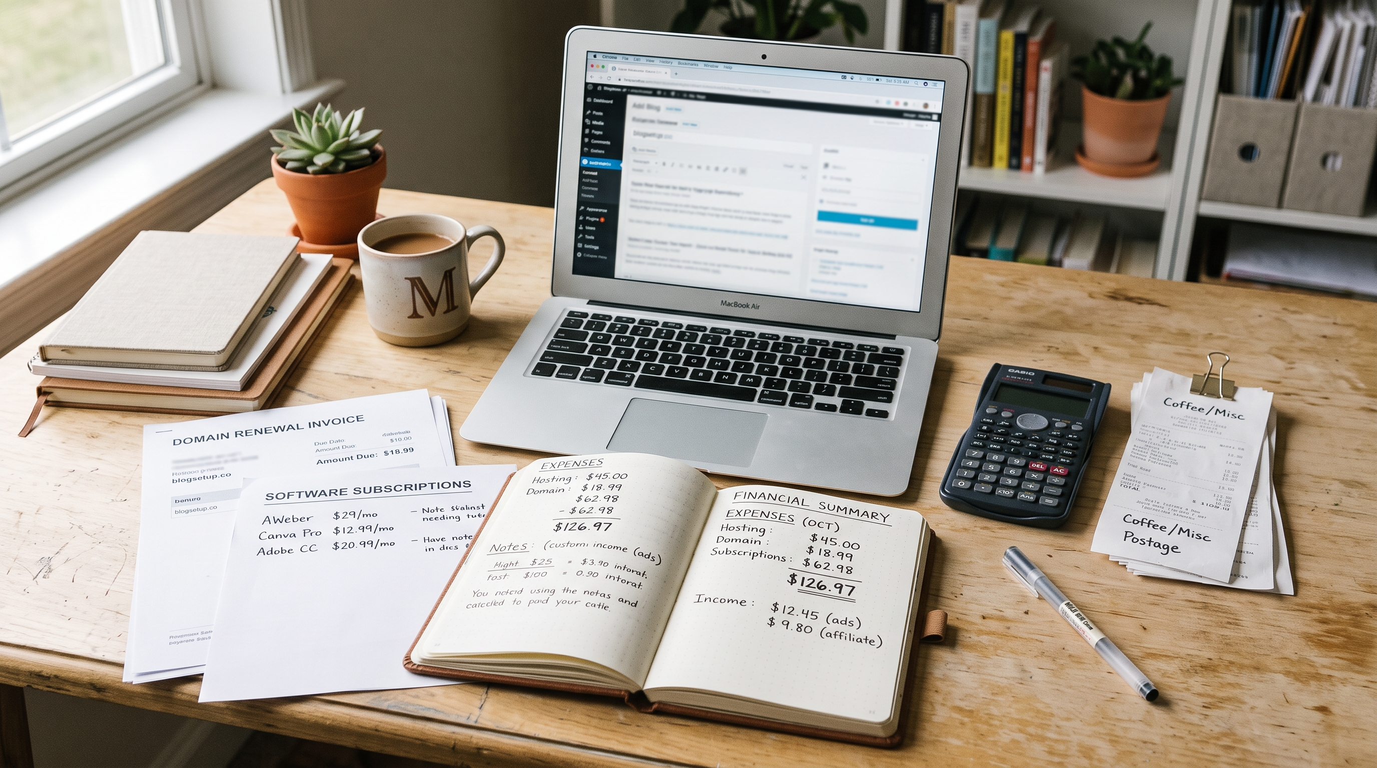 Affiliate business income and expenses on a realistic creator desk