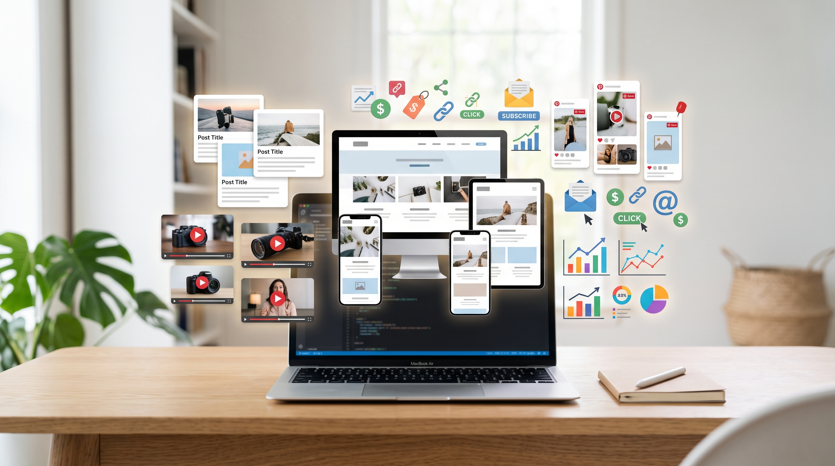 Multiple digital business assets including websites, content, analytics and affiliate links