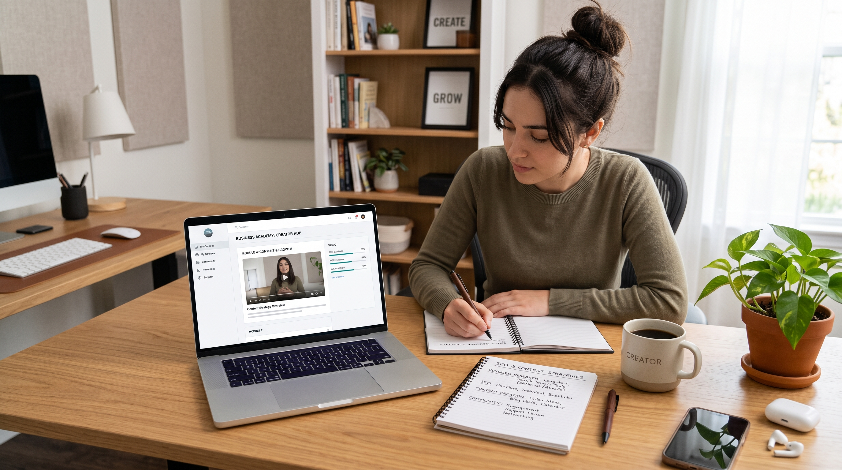 Online business training dashboard with SEO notes and creator workspace