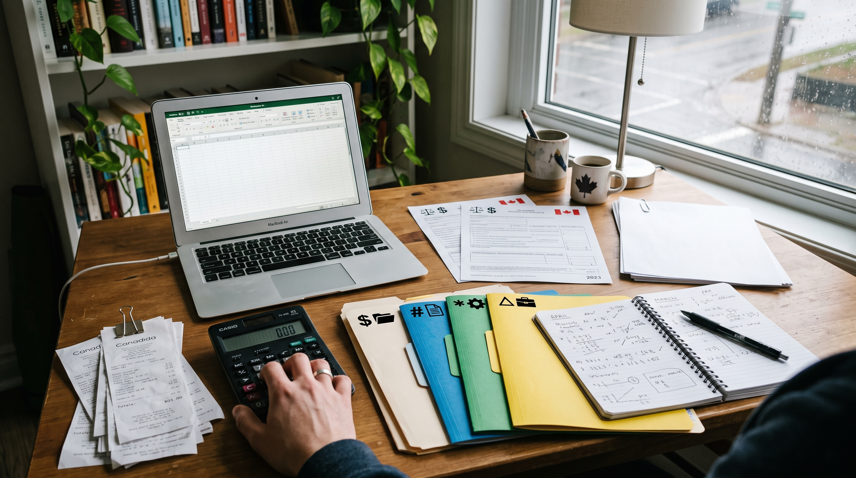 Canadian creator workspace with tax paperwork, receipts, calculator and laptop