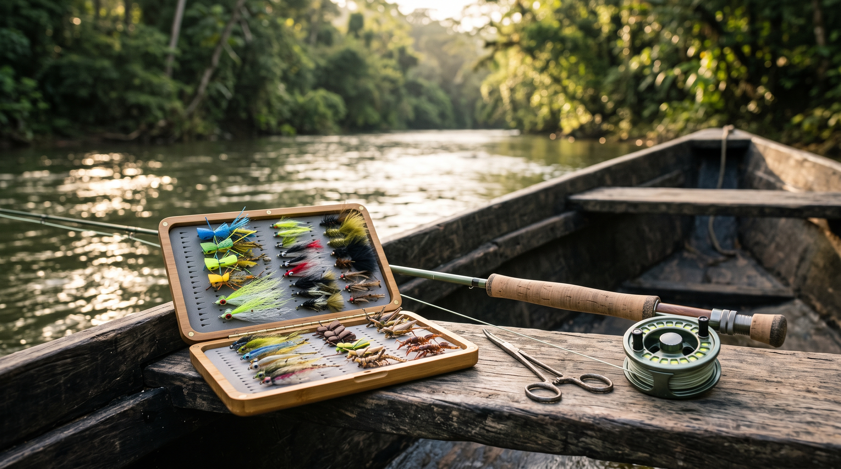 Open fly box filled with Costa Rica freshwater fly patterns beside the Río Niño
