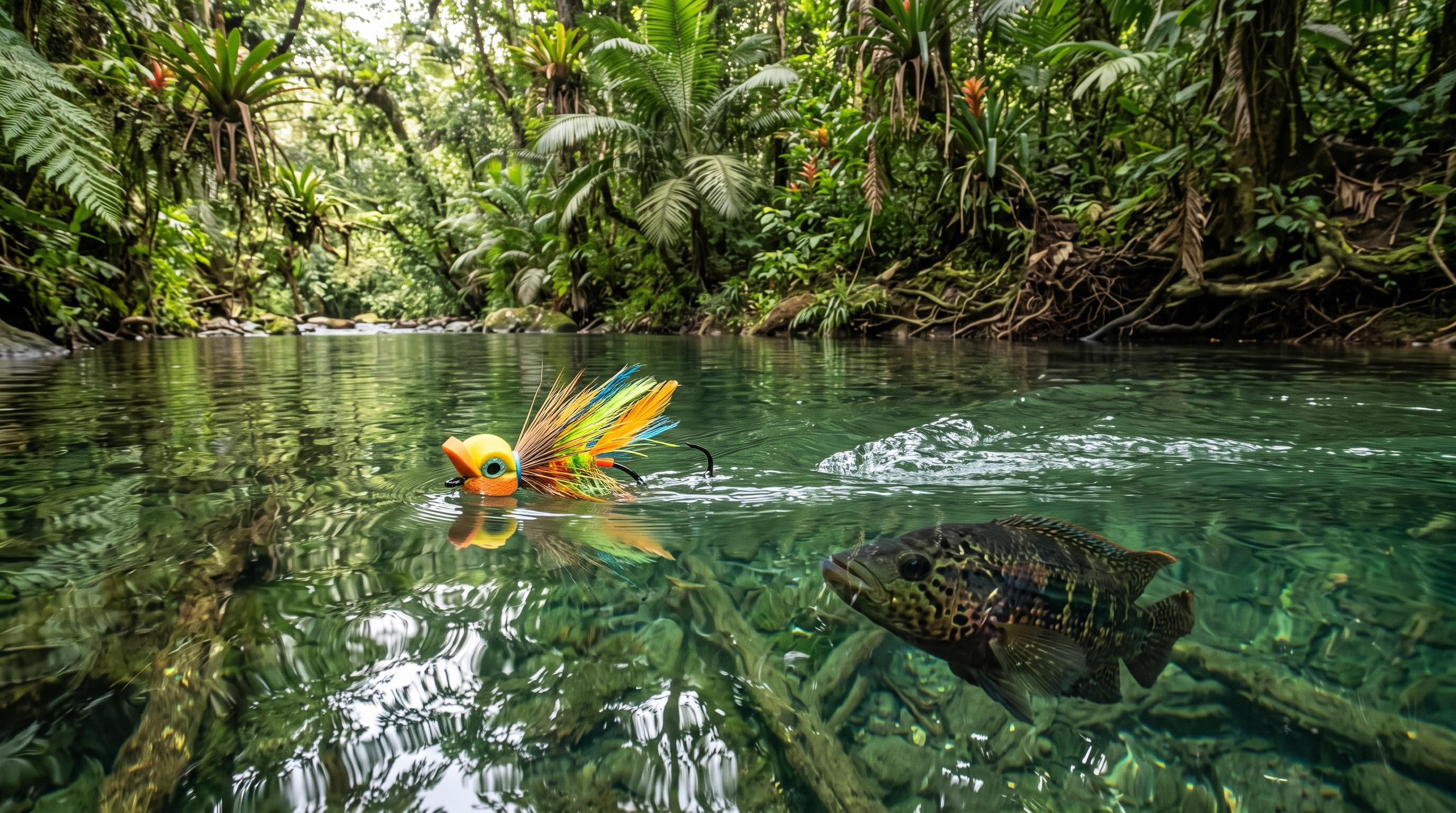 Foam popper on a Costa Rica jungle river with a guapote approaching beneath the surface