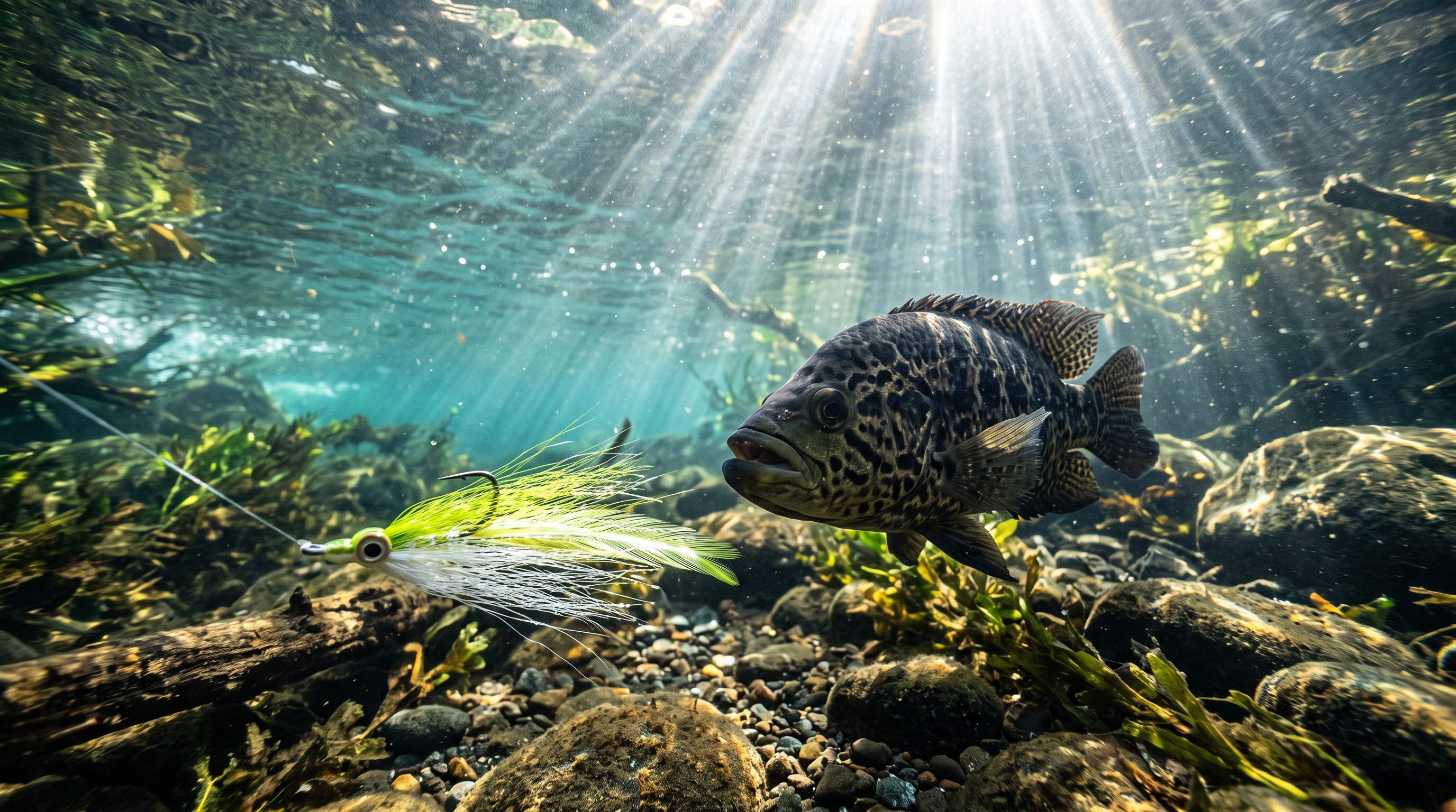 Clouser Minnow streamer swimming underwater ahead of a guapote in a Costa Rica river