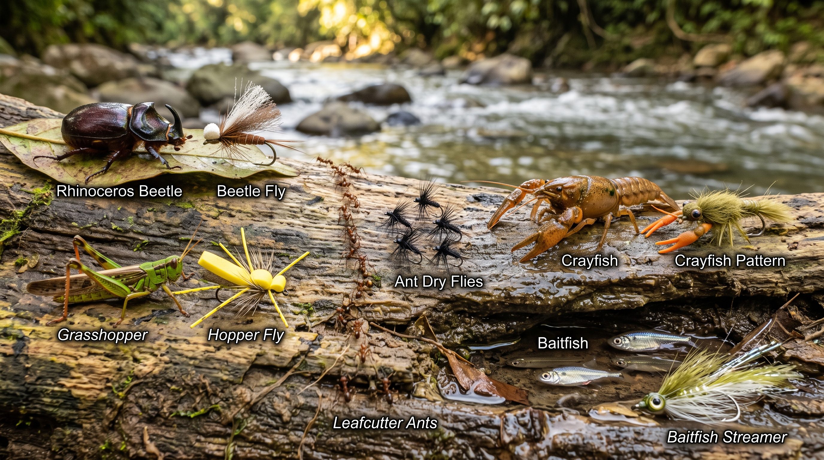 Natural insects and matching fly patterns beside a Costa Rica river