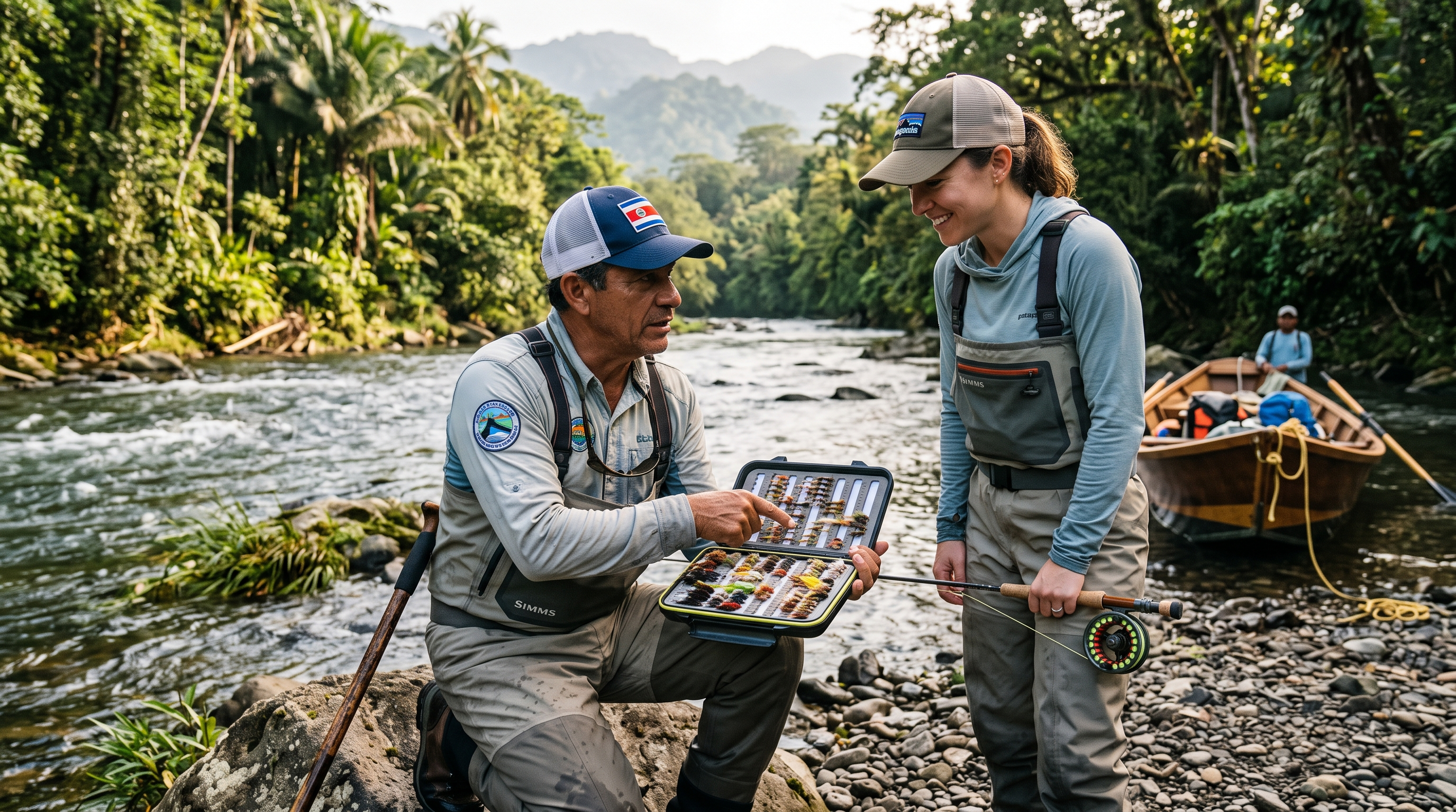 Costa Rica fly fishing guide selecting flies beside the Río Niño