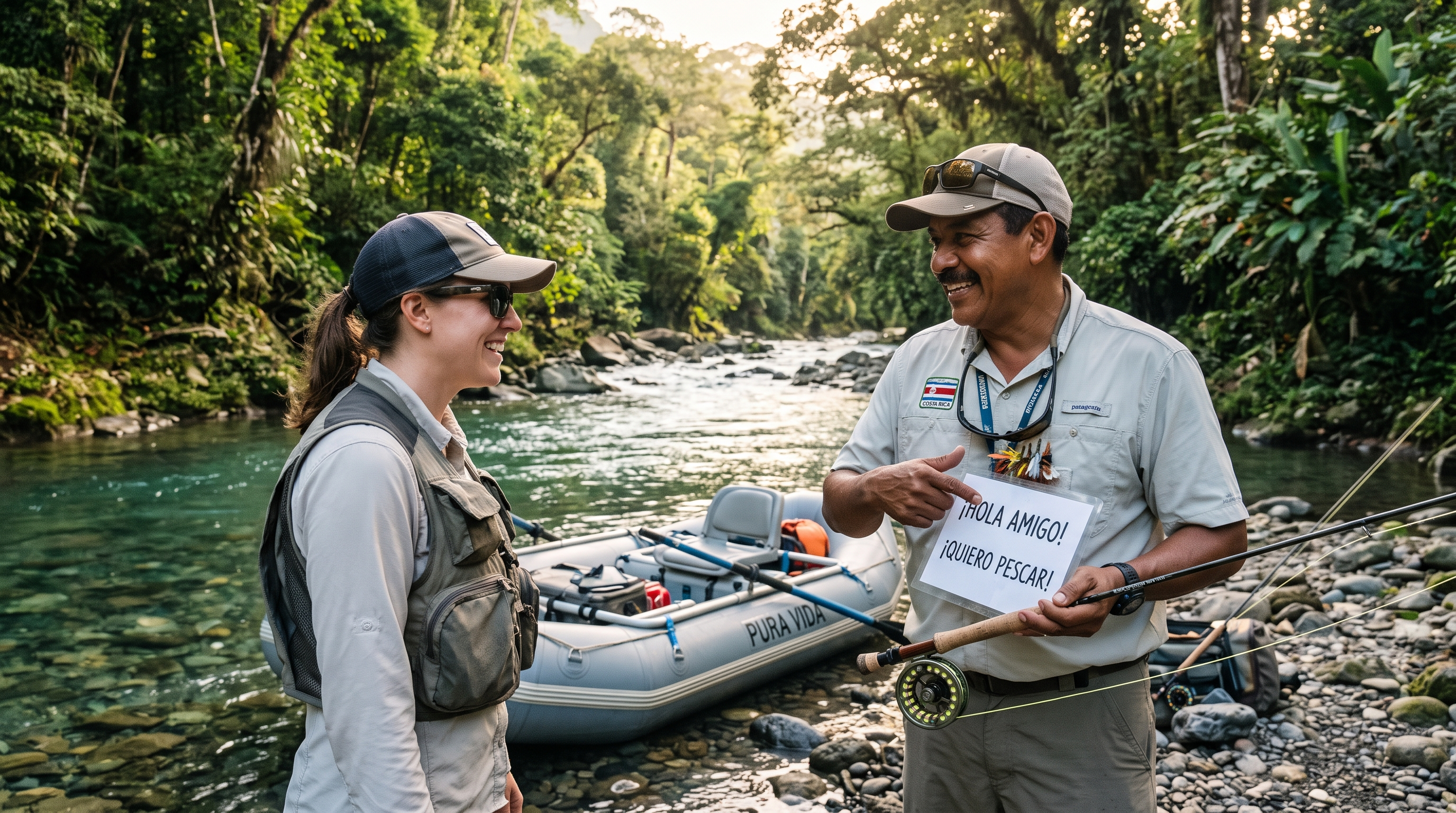 Costa Rican fly fishing guide speaking with a visiting angler beside a tropical river