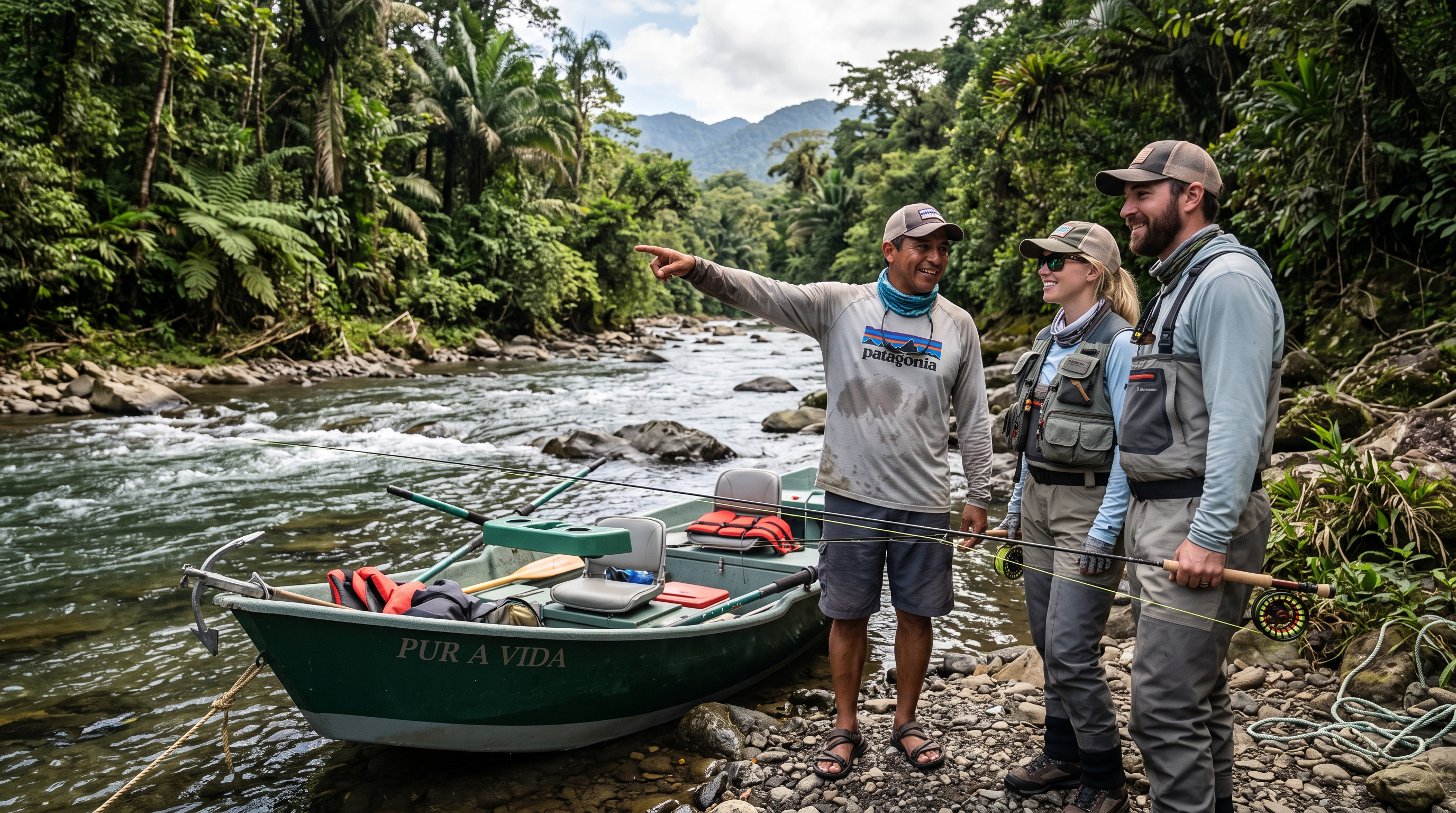 Costa Rican fishing guide explaining the river to visiting anglers beside a drift boat