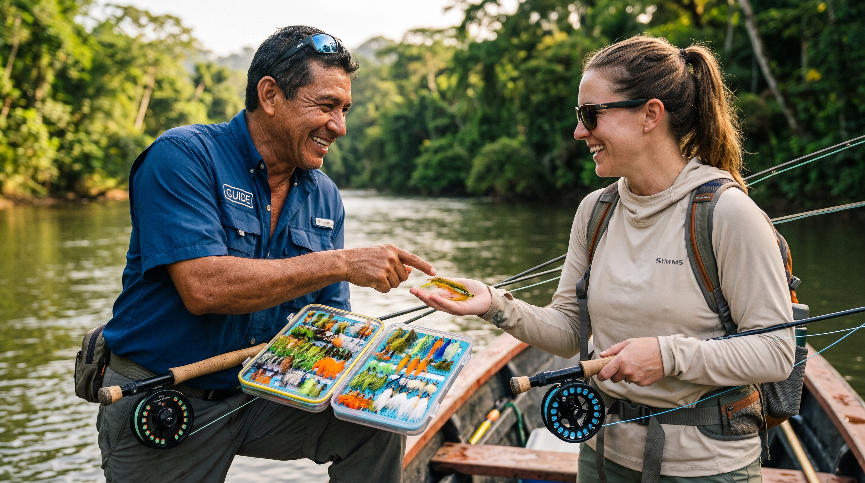 Costa Rican fly fishing guide showing a tropical fishing fly to an angler
