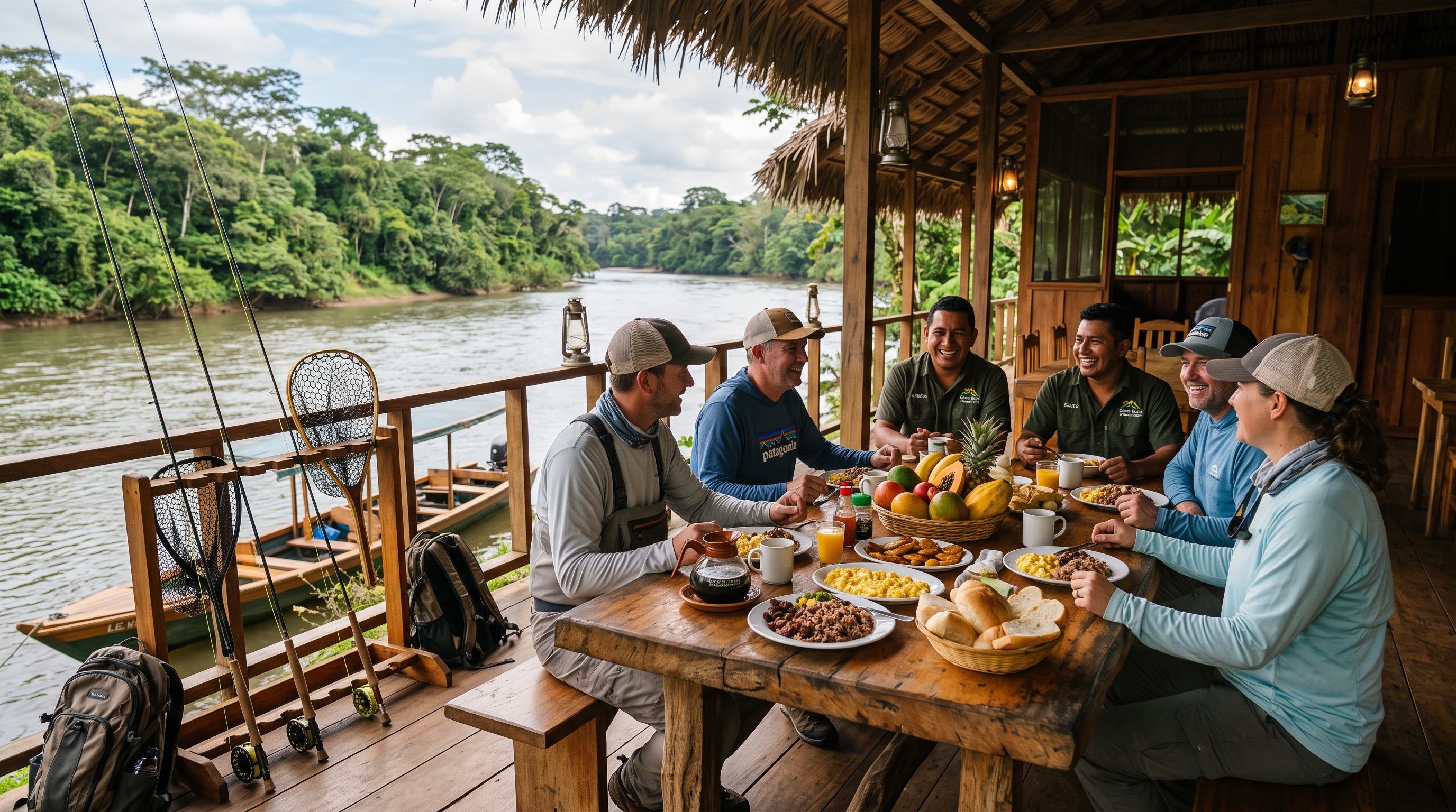 Visiting anglers eating breakfast with Costa Rican fishing guides at an open-air lodge