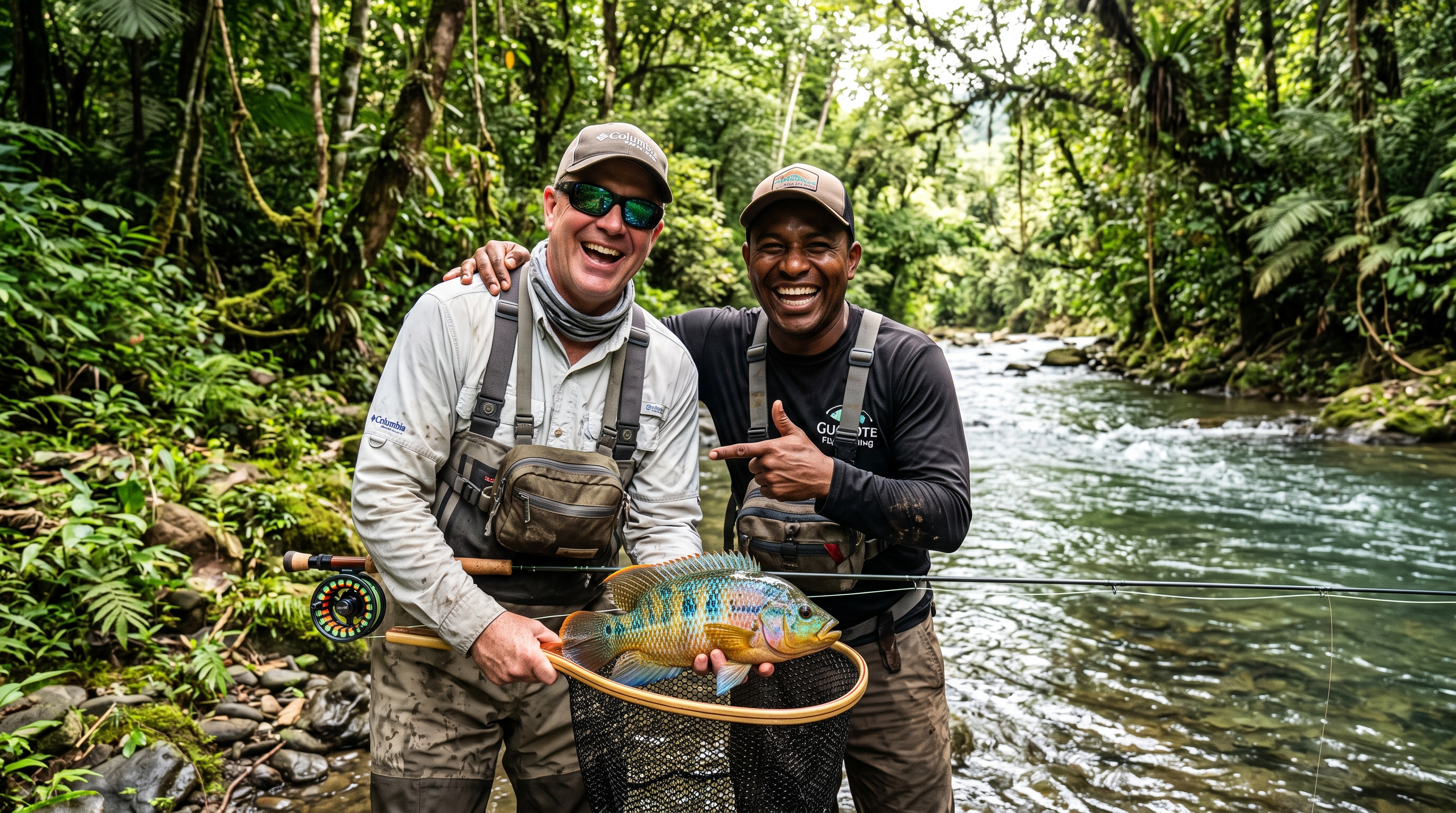 Costa Rican fishing guide and visiting angler celebrating a guapote beside a jungle river