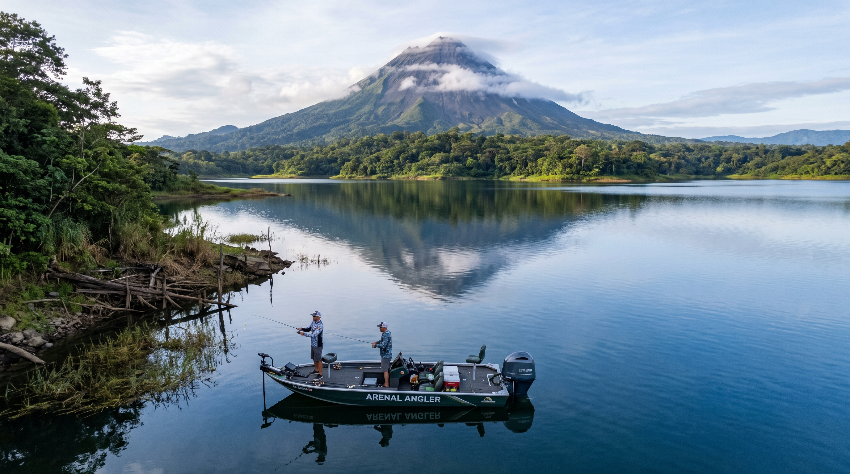 Fishing boat on Lake Arenal beneath Arenal Volcano in Costa Rica