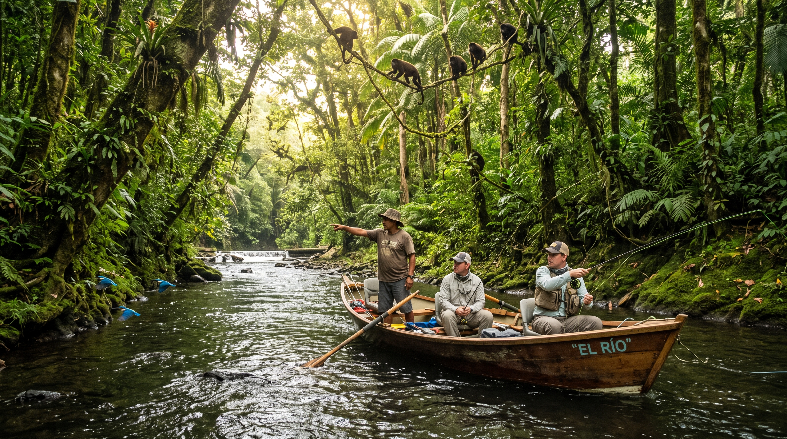 Fly anglers drifting through a tropical river in Northern Costa Rica