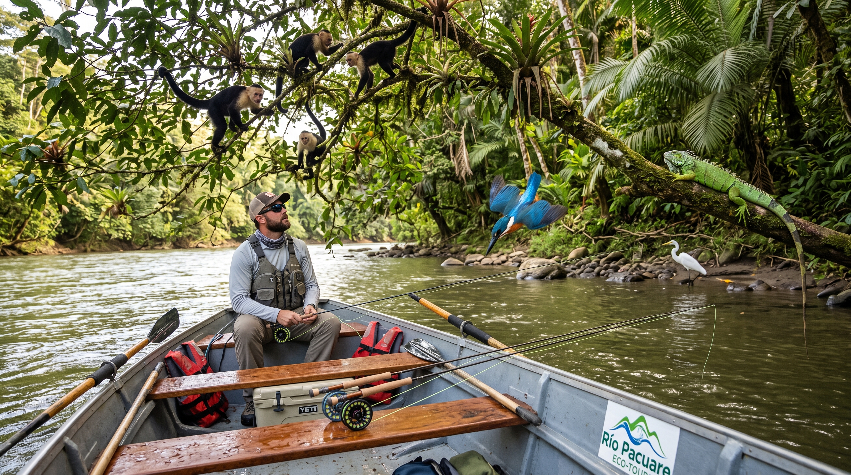 AI-generated illustration of monkeys birds and tropical wildlife along a Costa Rican river