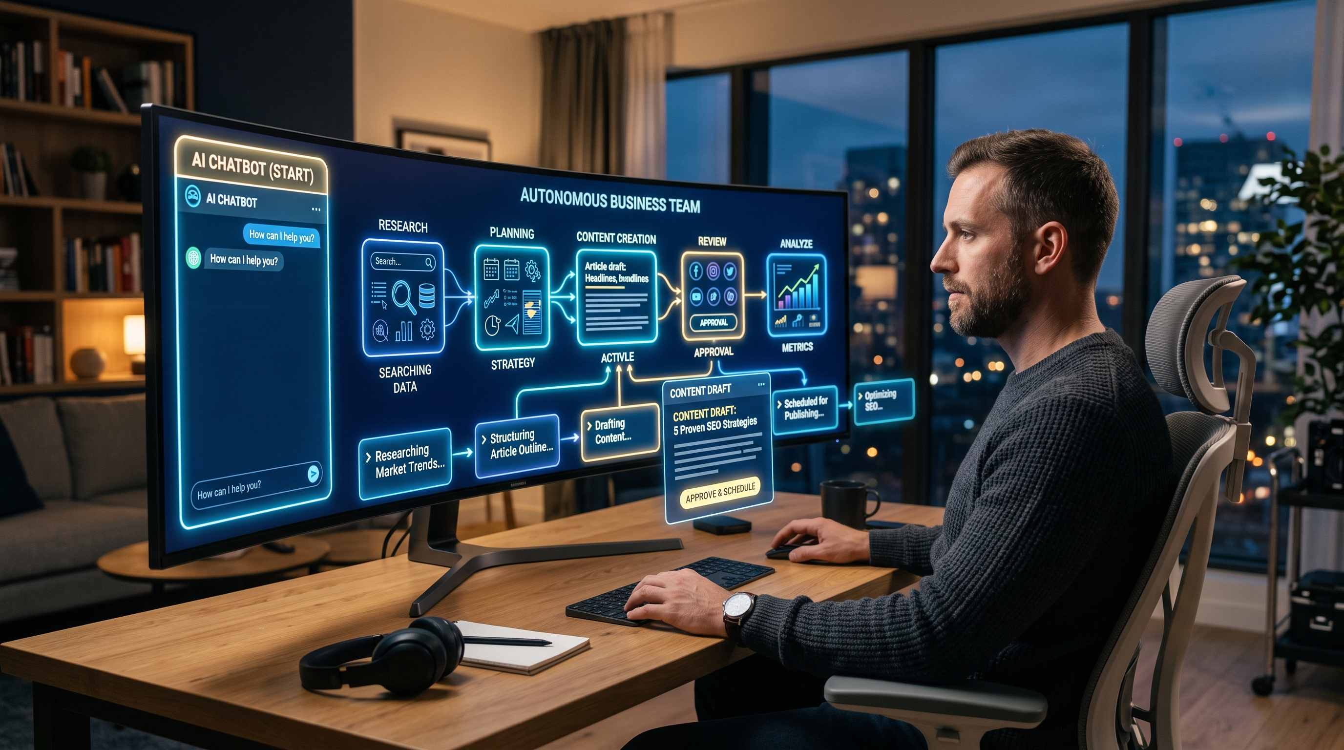 Solo content creator supervising AI agents that research, create, publish and analyze online business tasks