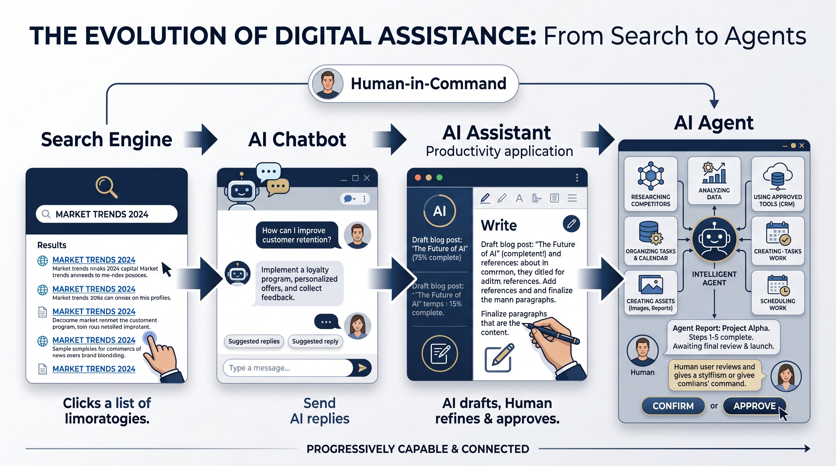 Visual comparison of a search engine, AI chatbot, AI assistant and AI agent