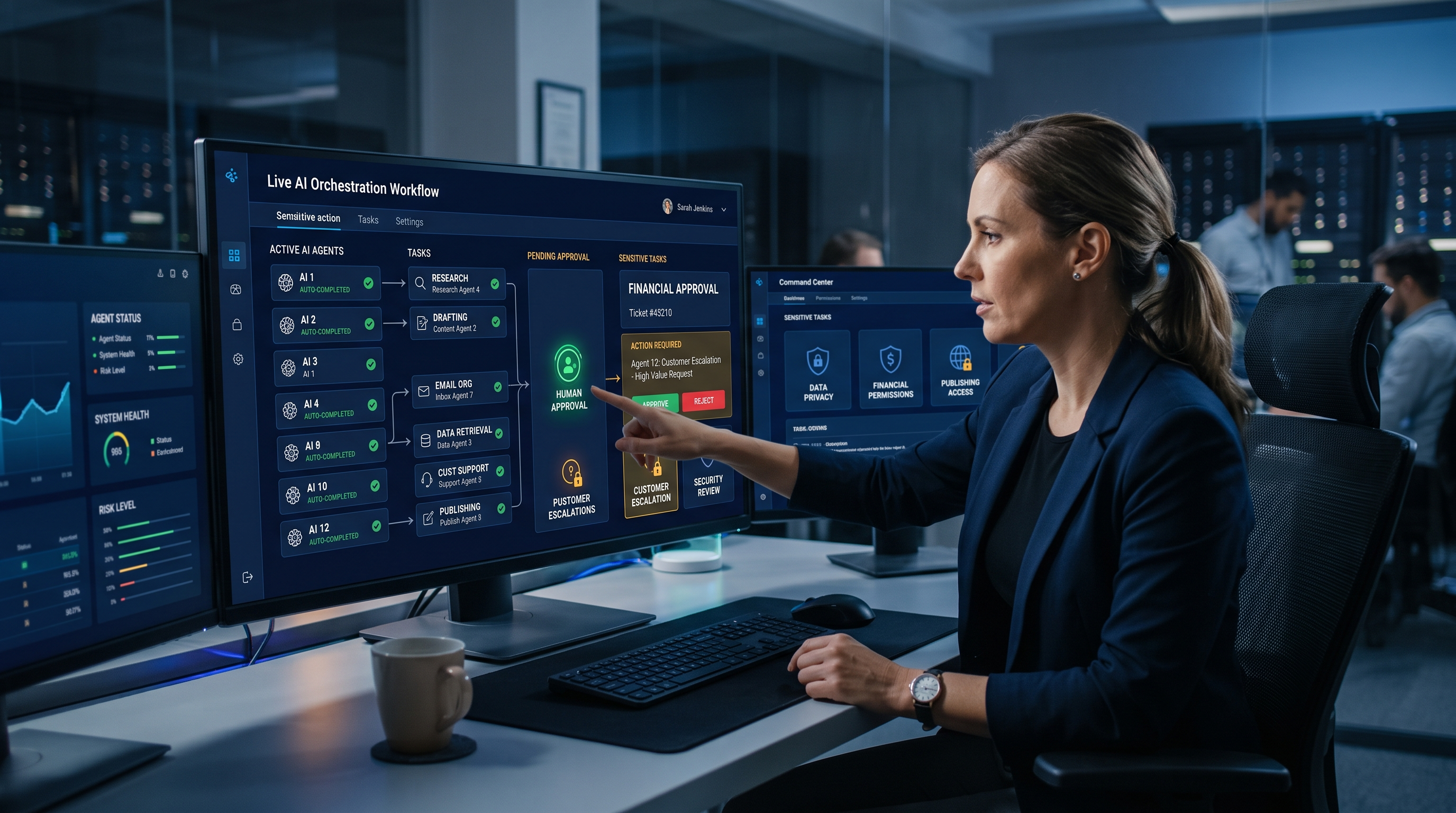 Human supervising AI agents with security controls, approval gates and data permissions