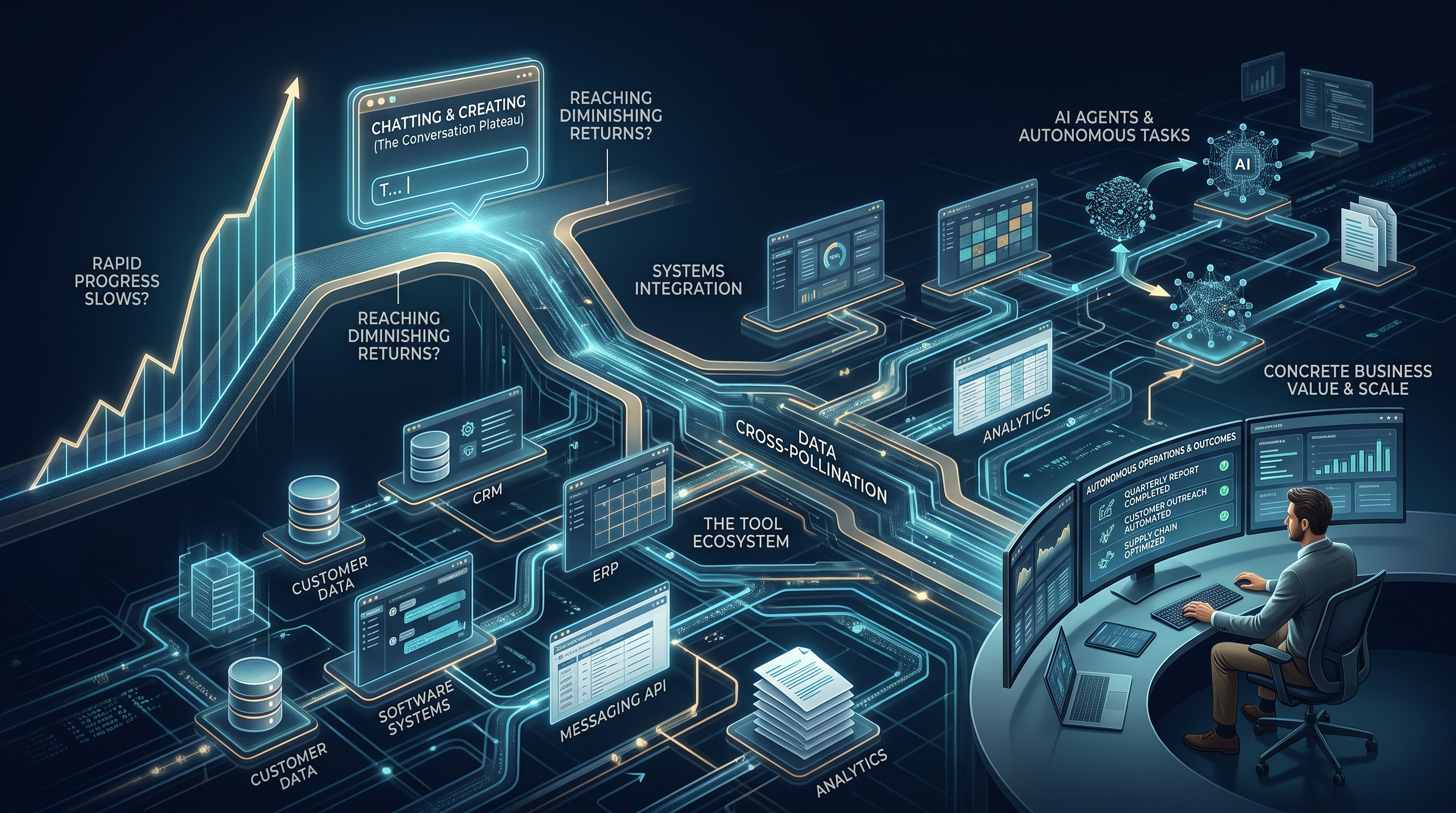 AI chatbot plateau transforming into connected tools, workflows and business outcomes
