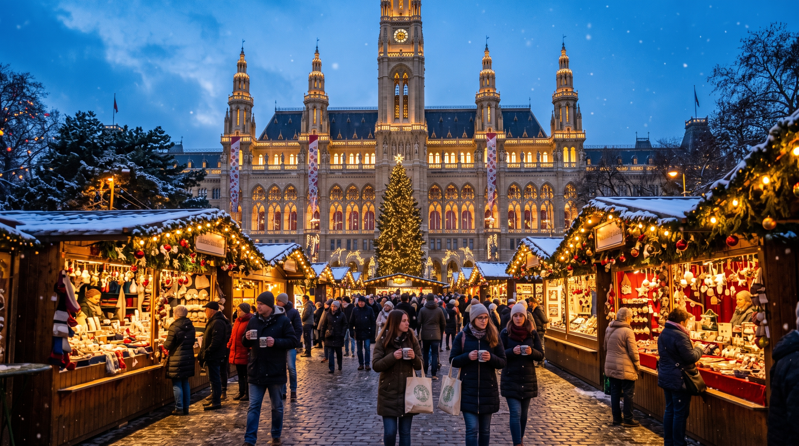 Festive European Christmas market square with wooden stalls lights and historic architecture