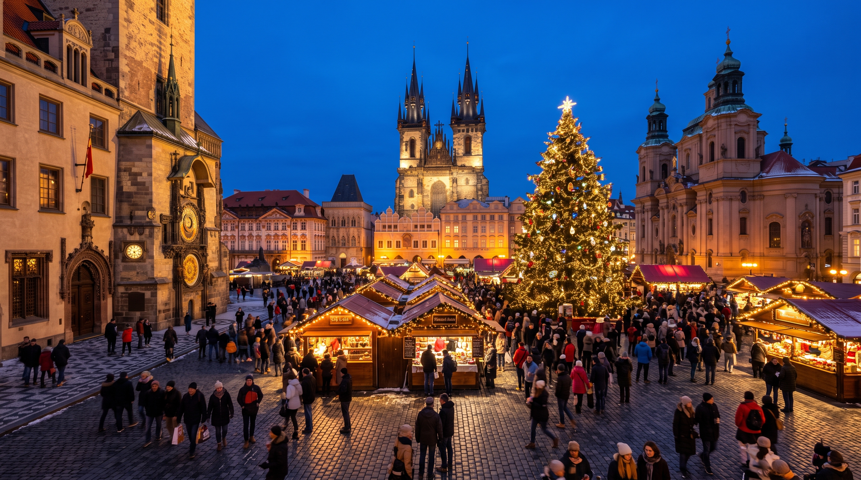 Friends enjoying warm drinks and holiday food at a European Christmas market
