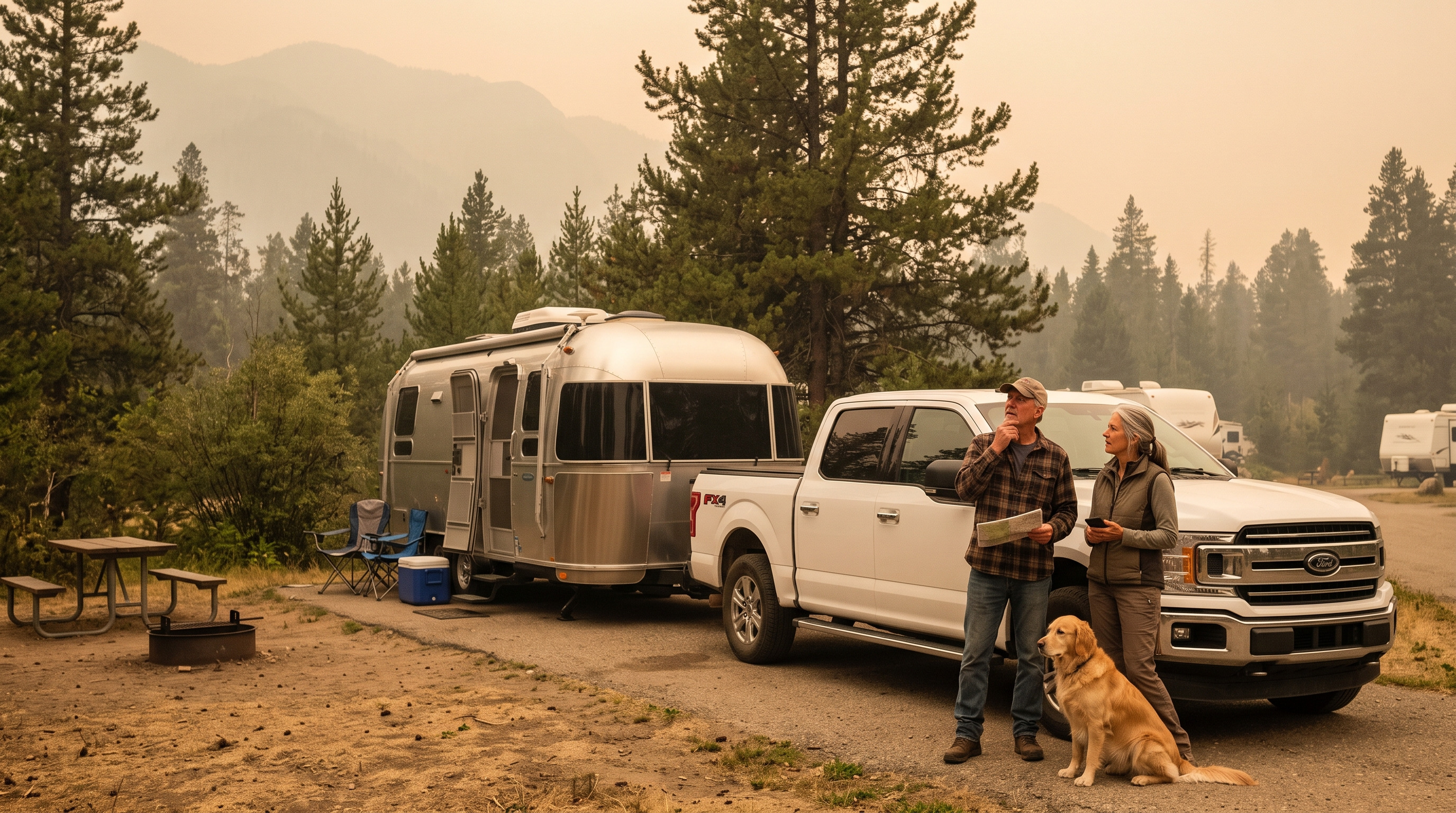 RV campground beneath a smoky orange sky during wildfire season
