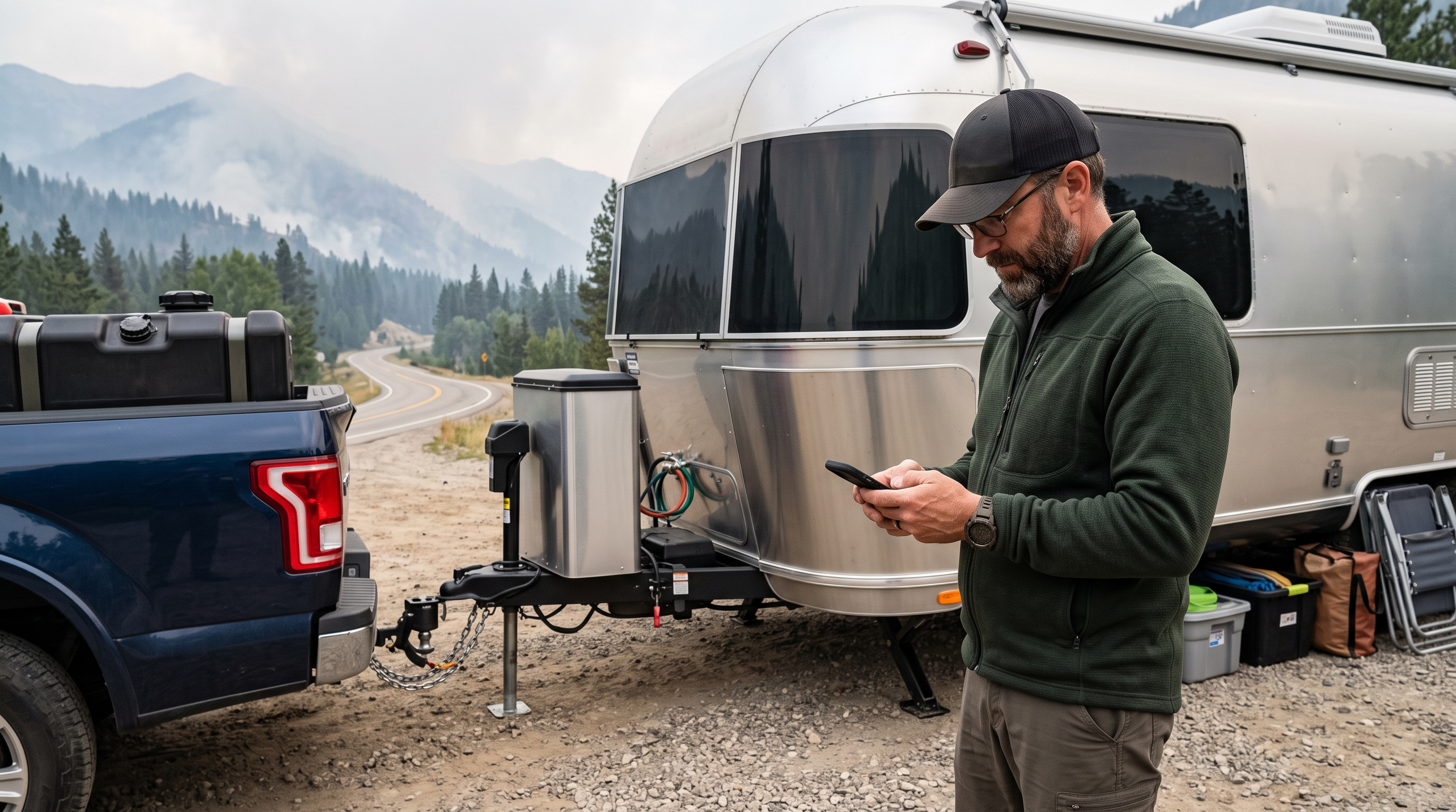 Campground operator checking wildfire and evacuation information beside an RV