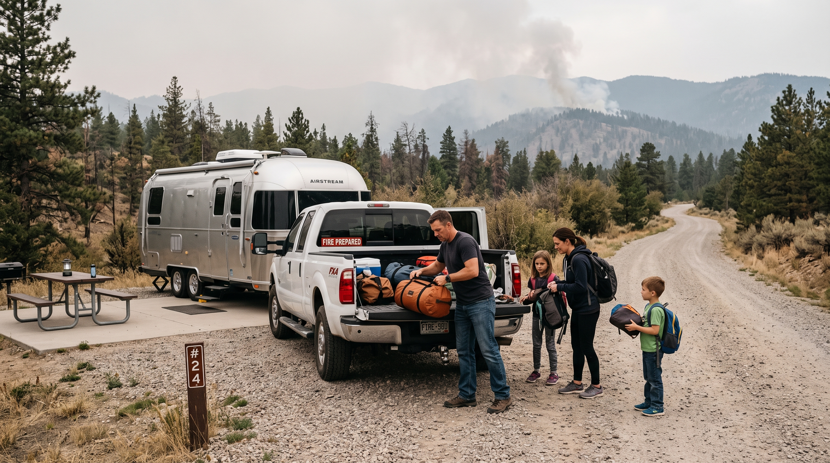 Wildfire-ready RV emergency kit with documents water masks medication and pet supplies