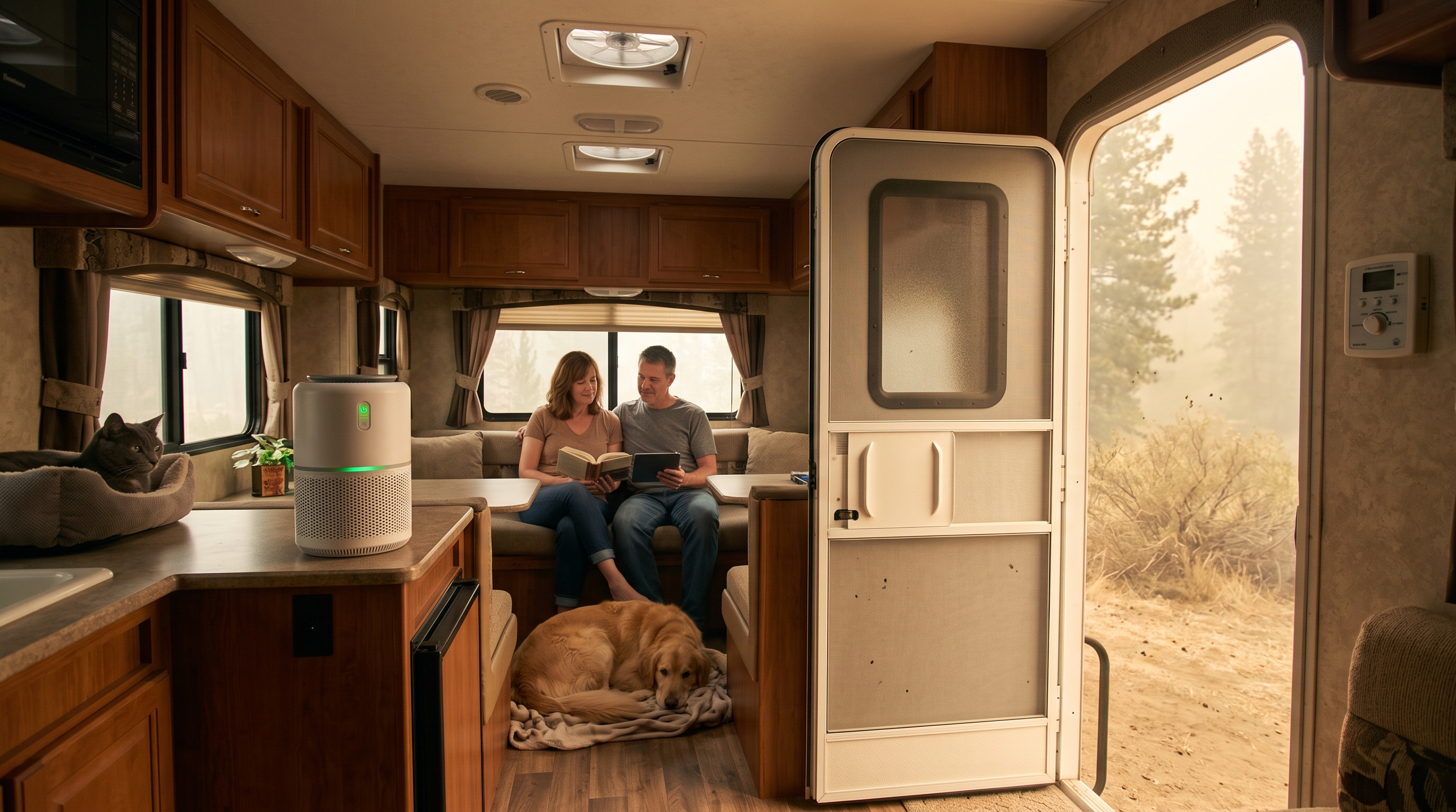 Portable HEPA air cleaner operating inside a closed RV during smoky conditions