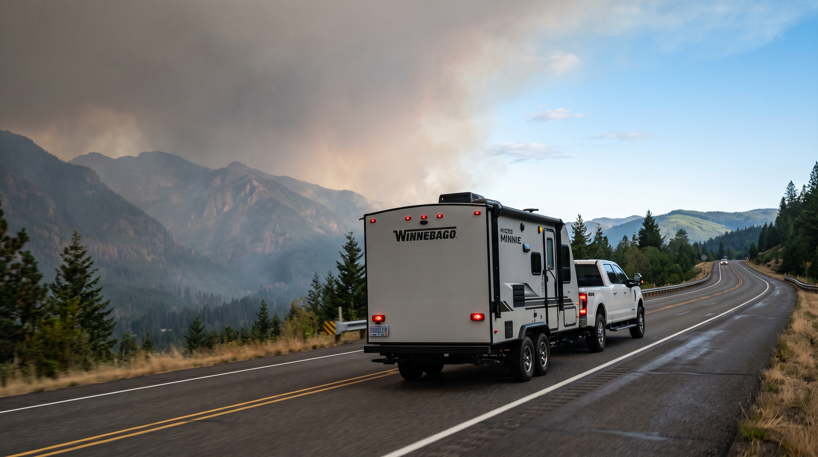 RV leaving a campground calmly along a clear evacuation route