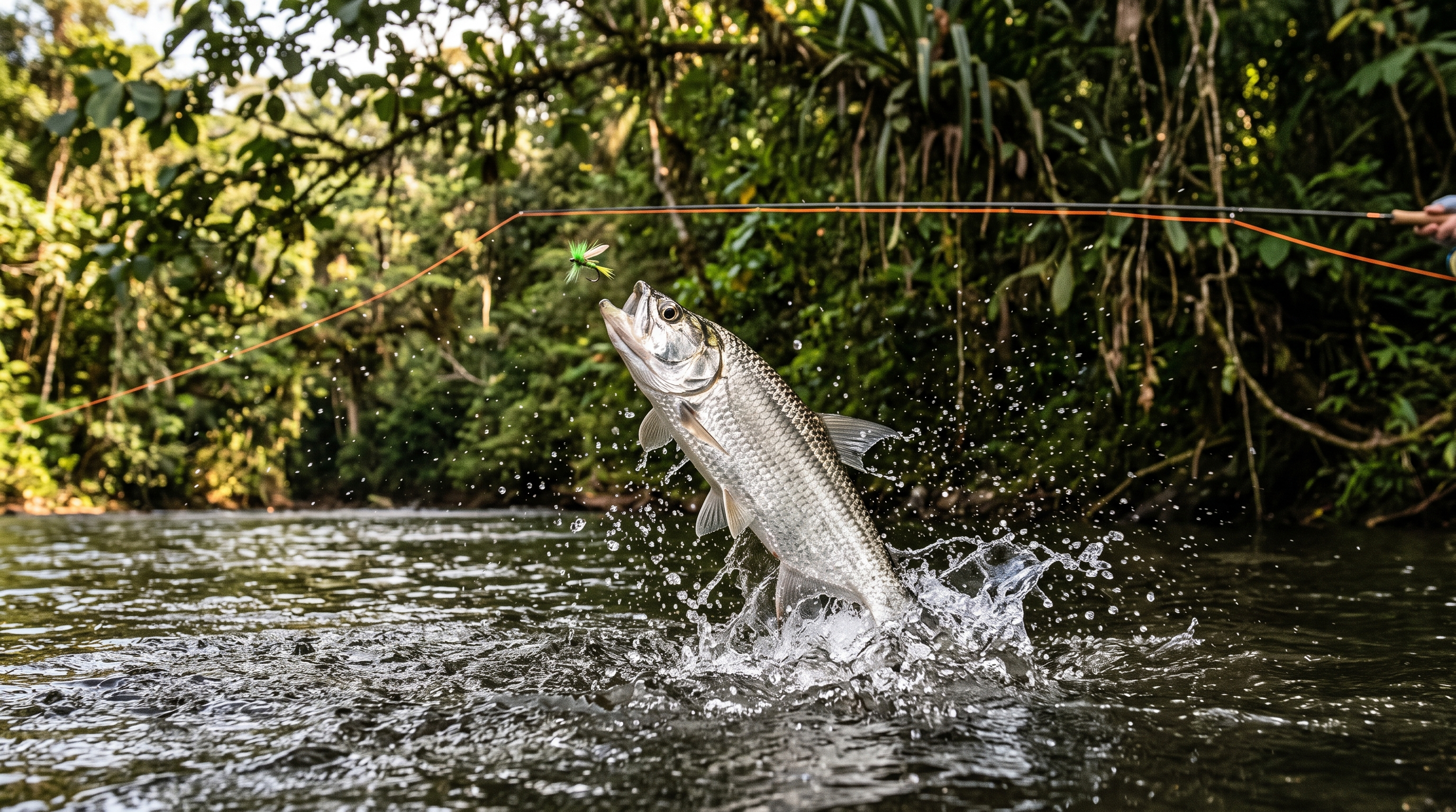 Fly angler casting for machaca beneath fruit trees on a Costa Rican jungle river