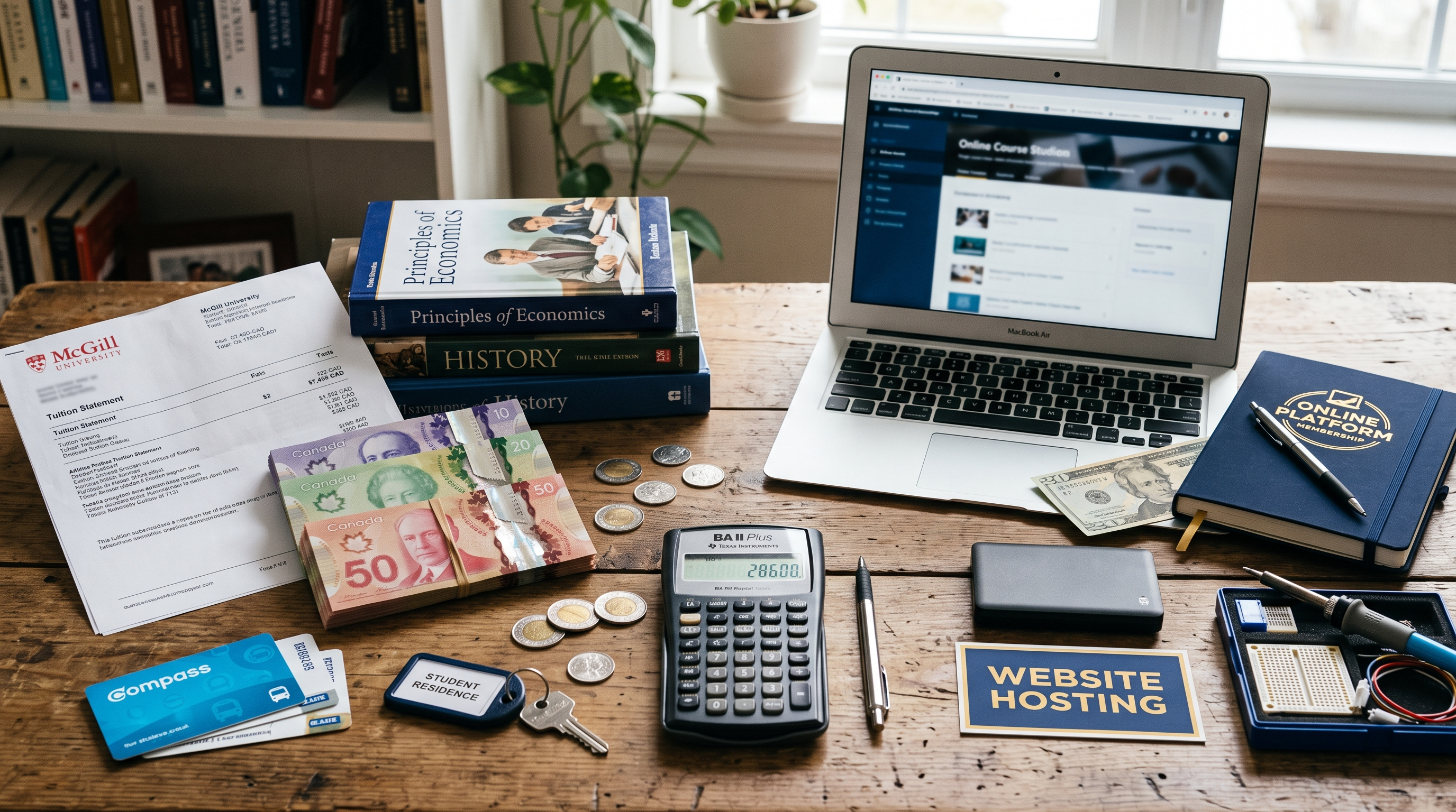 Tuition and online learning costs compared on a desk with a calculator