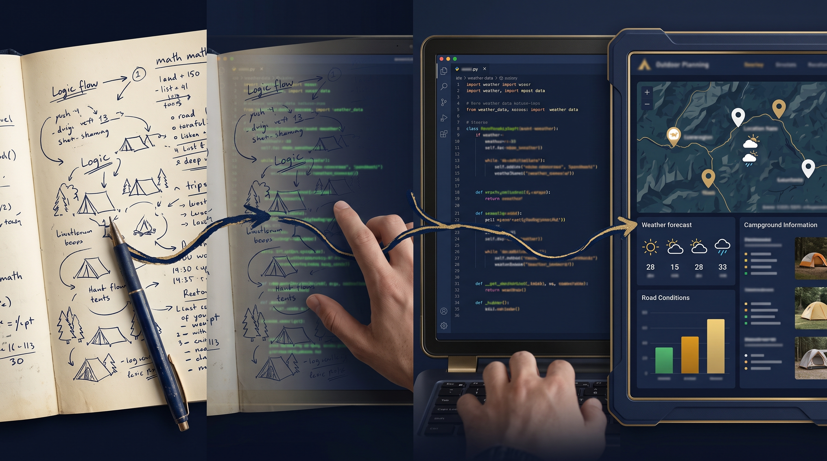 An outdoor problem moving from notebook idea through AI code into a working application