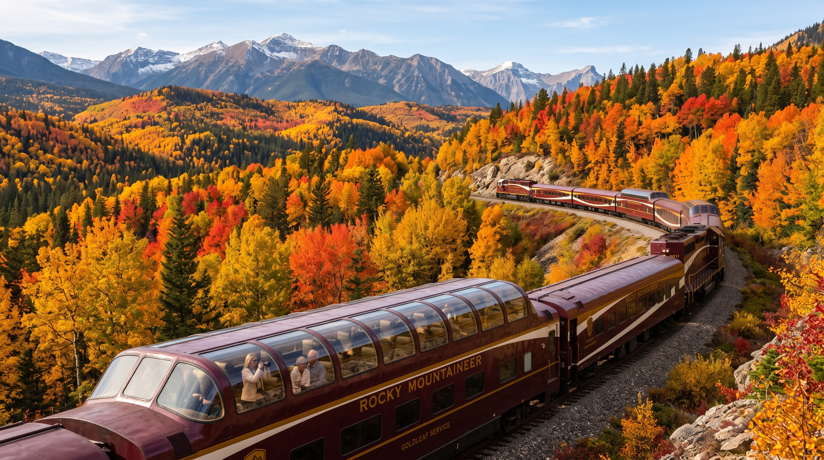 Scenic passenger train travelling through brilliant autumn forest