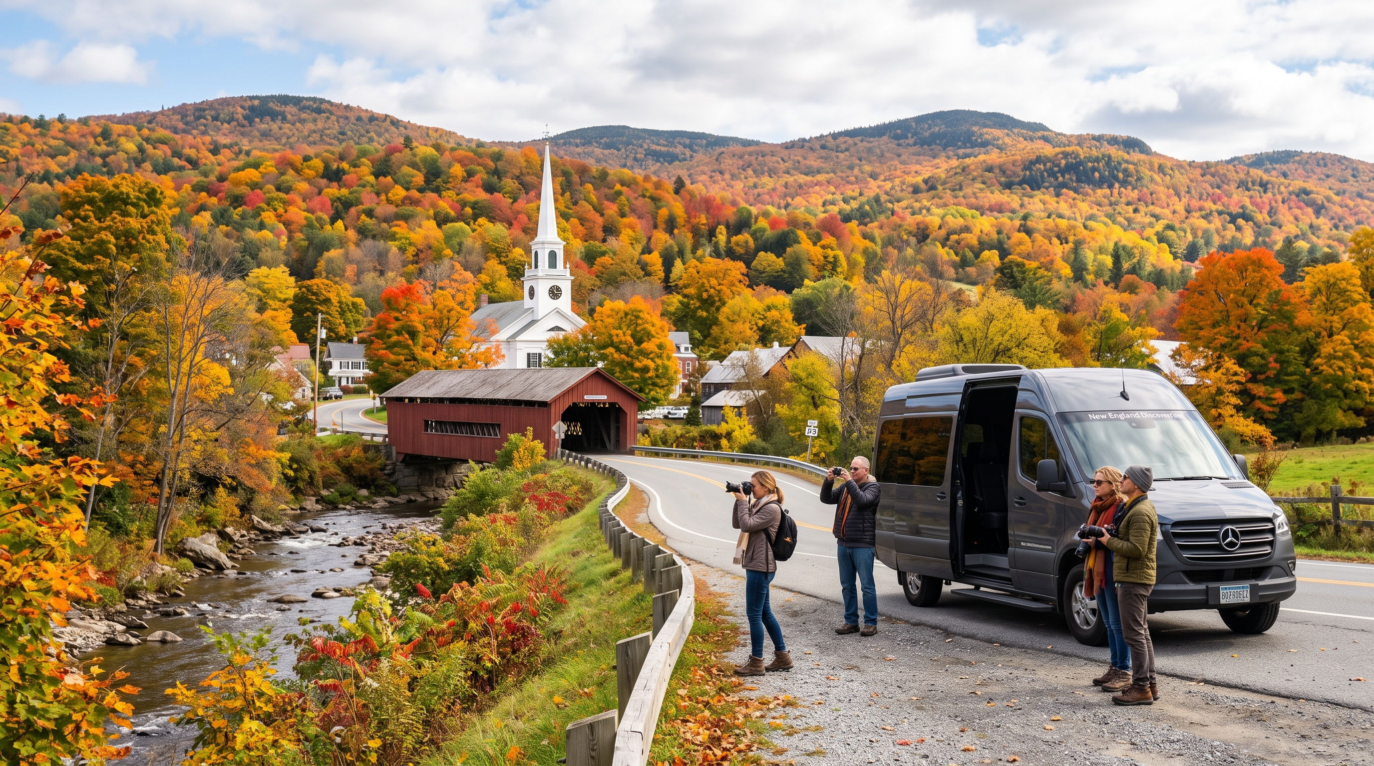 New England fall foliage road with covered bridge and maple-covered hills