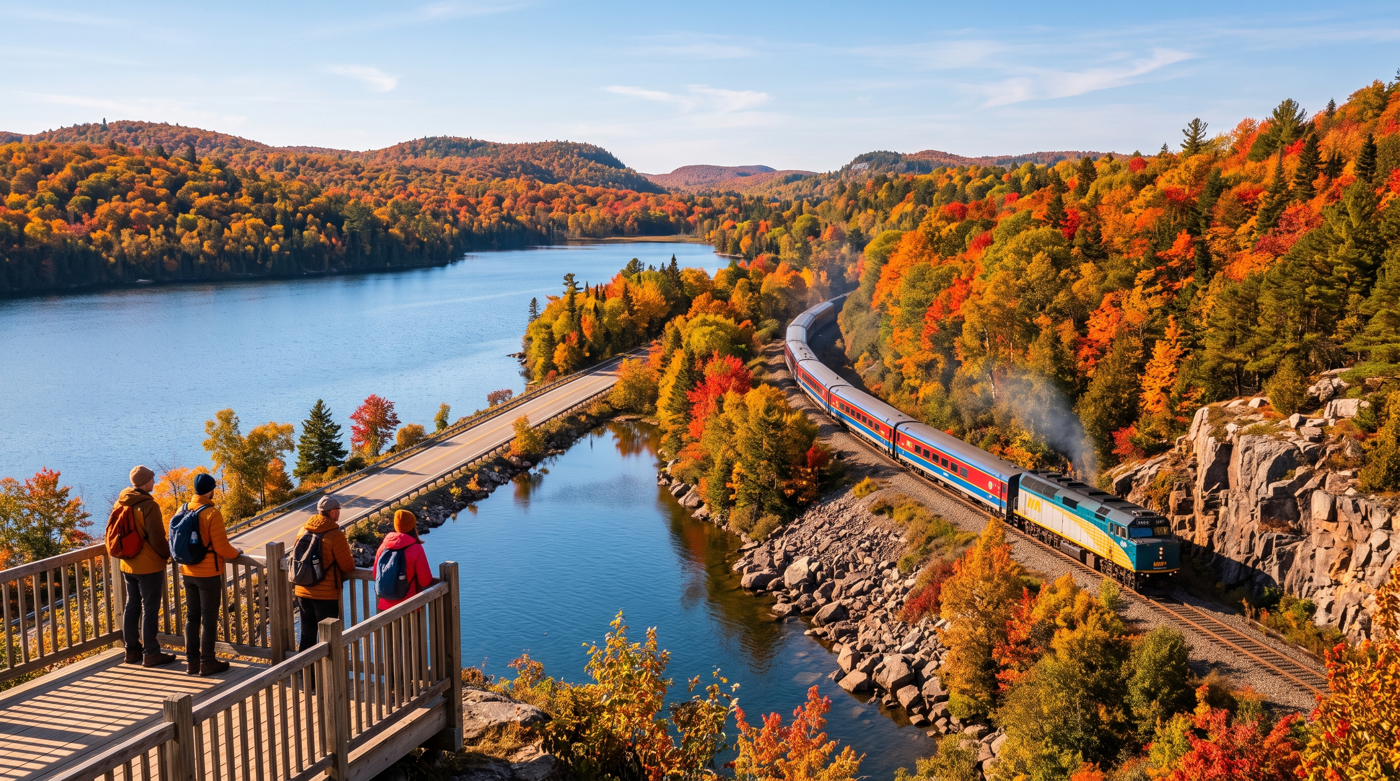 Canadian train and scenic road following a blue lake through autumn forest