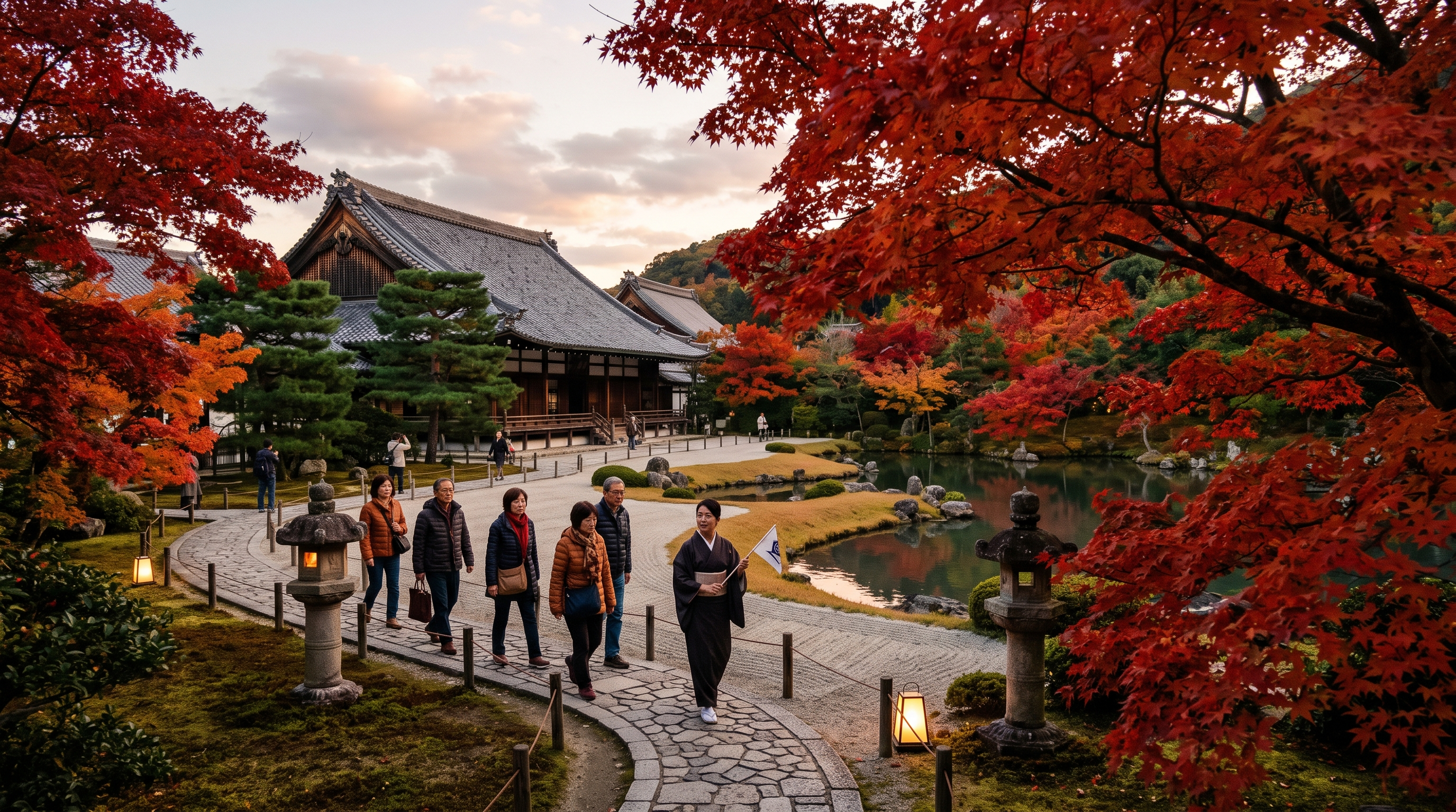 Kyoto temple garden framed by deep red Japanese maple leaves