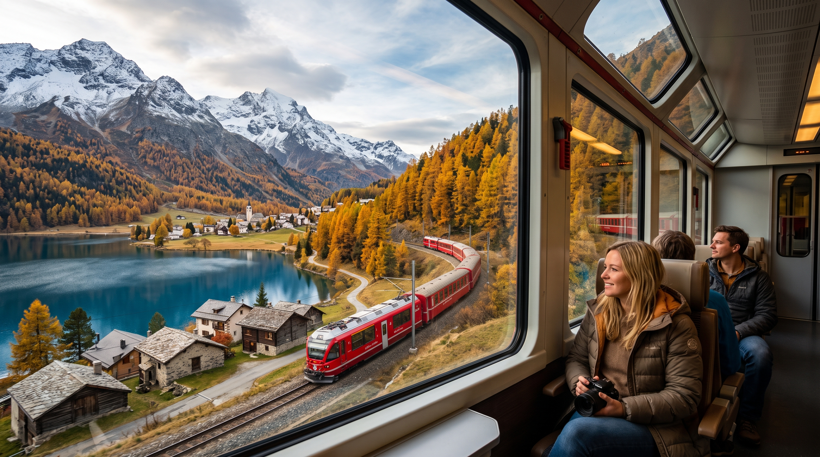 European alpine railway beside a mountain lake and golden larch trees