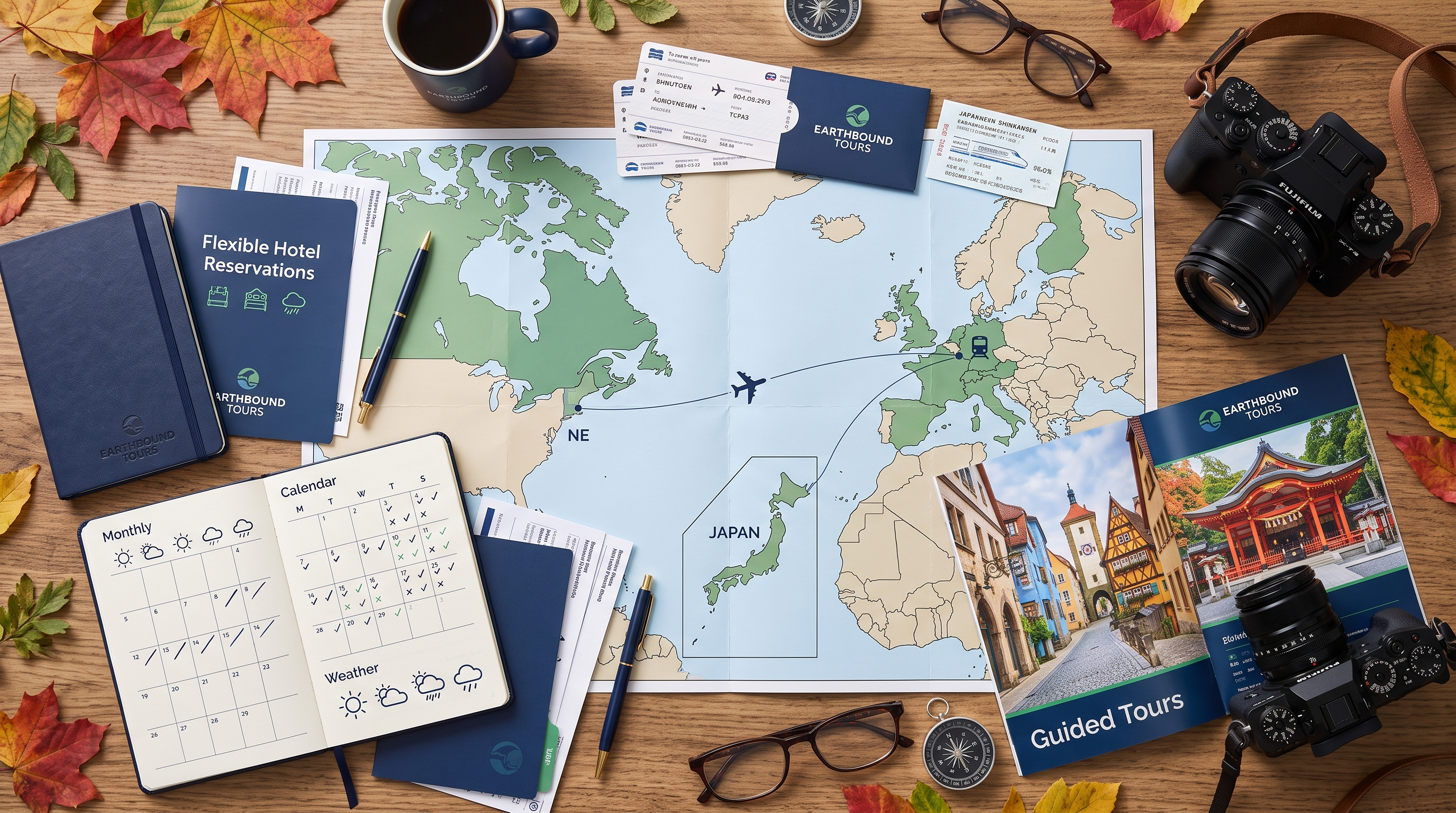 Fall travel planning map with hotel train and tour reservations