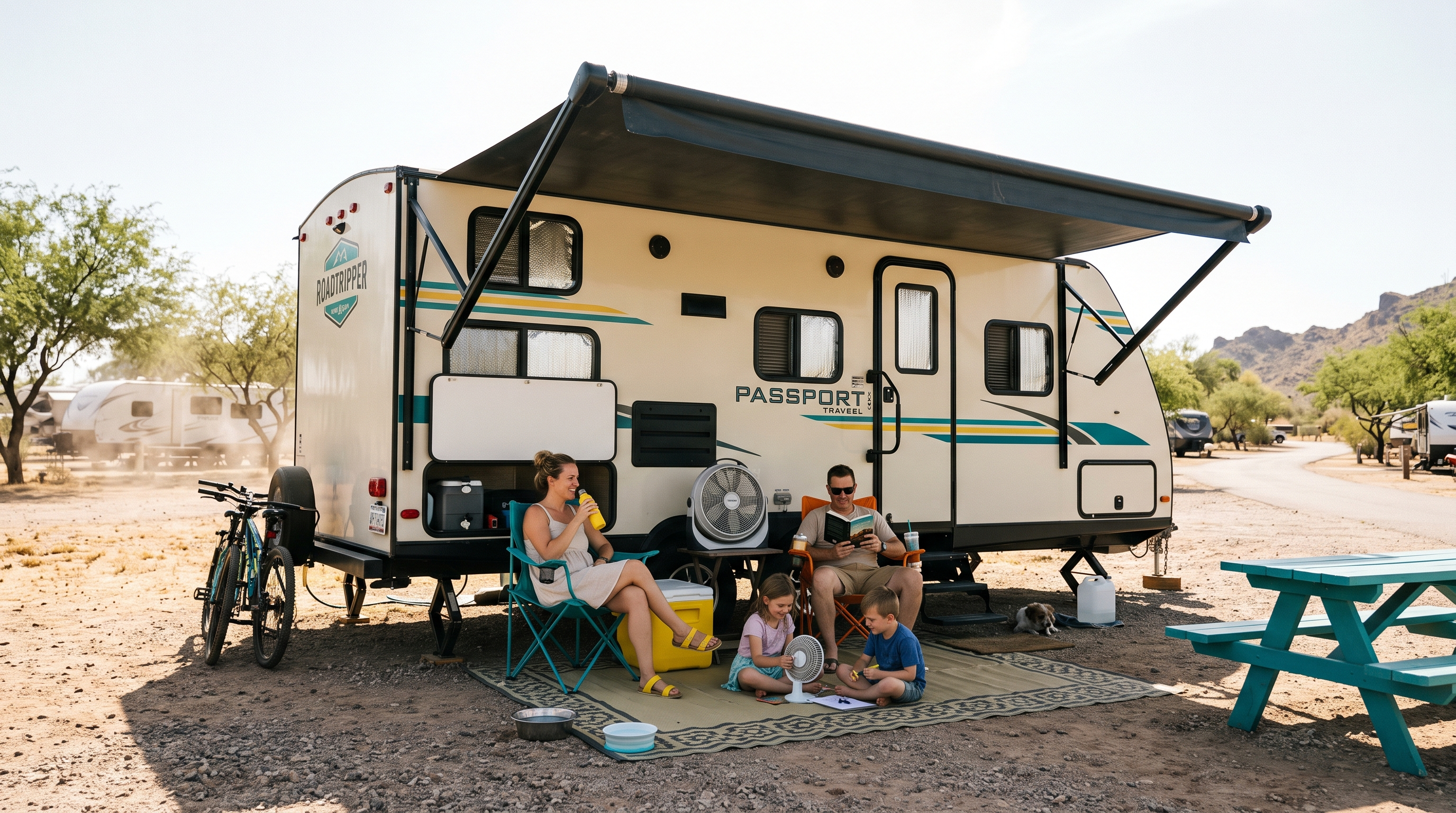 RV campsite prepared for extreme summer heat with shade