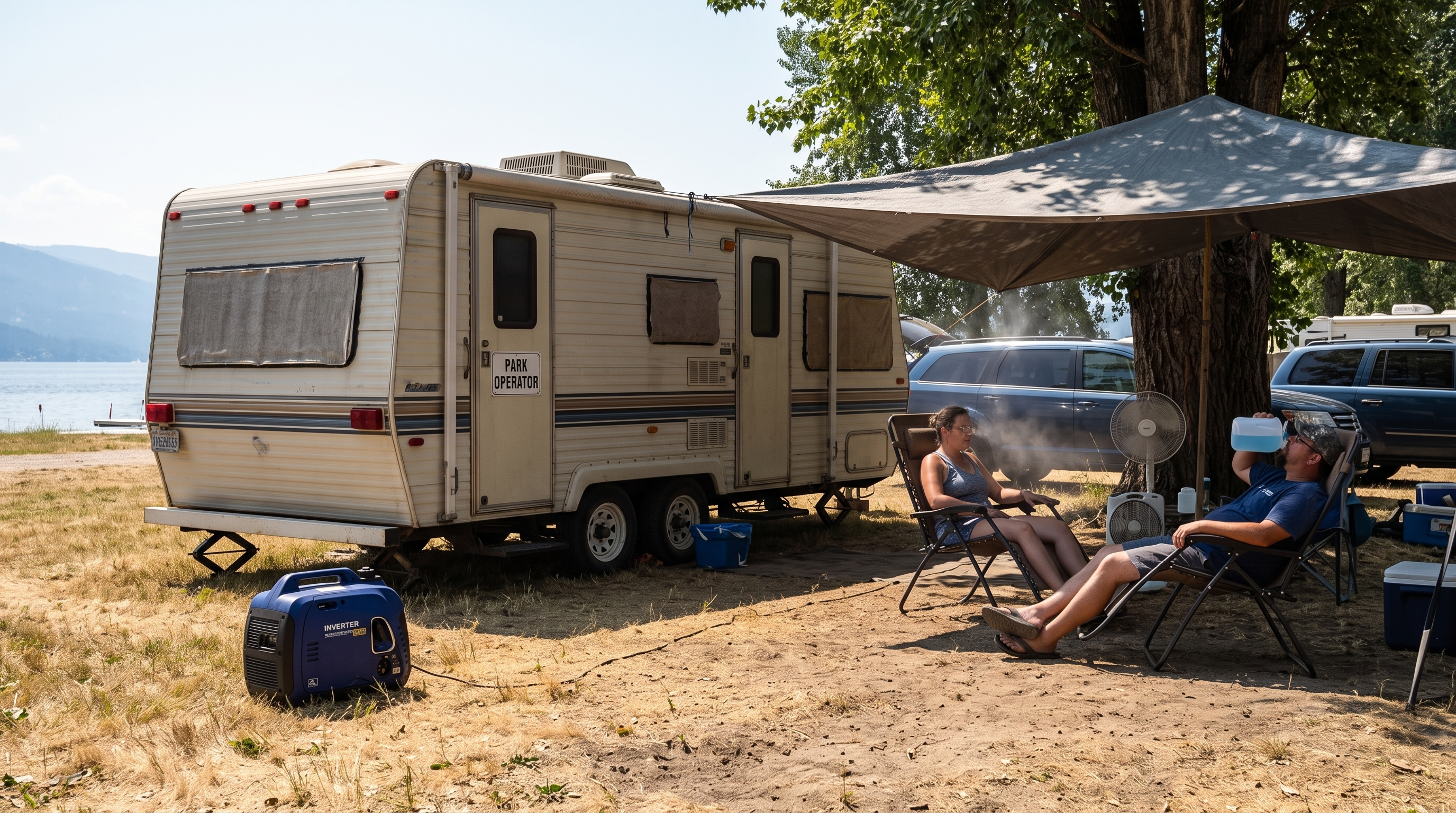 Thermometer showing extreme heat beside a recreational vehicle