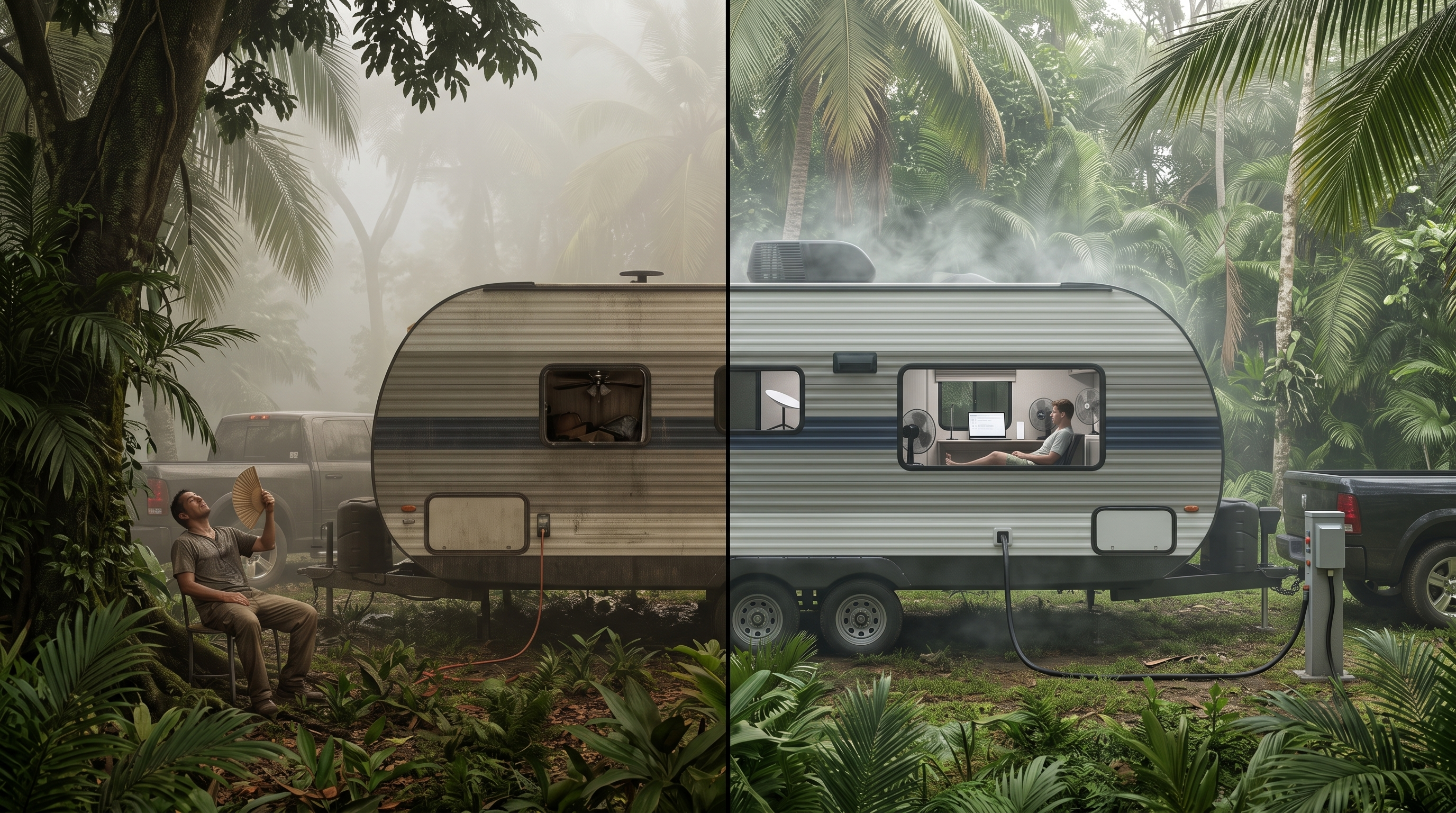RV protected by awning and natural shade in summer