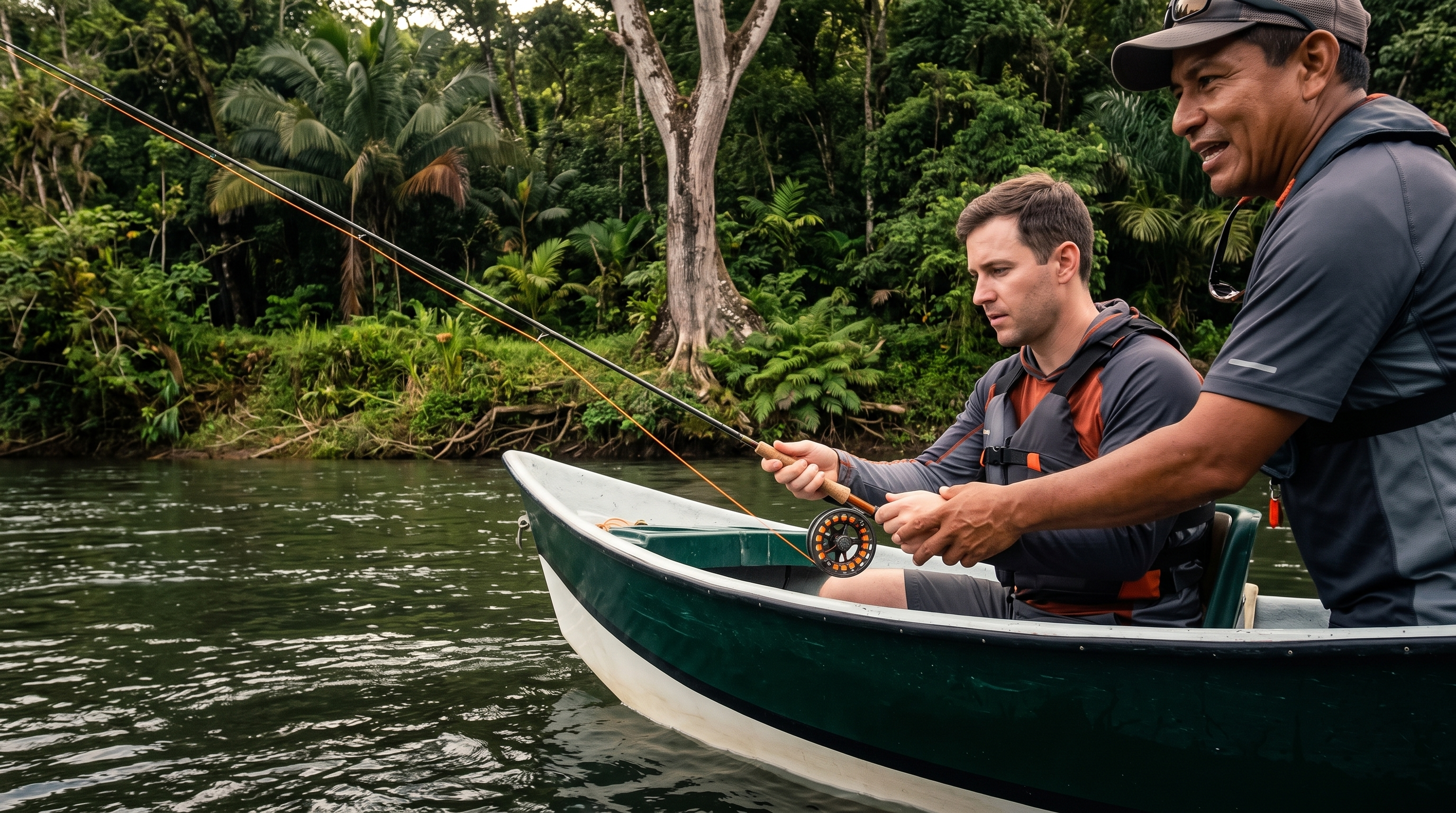 Beginner angler fly fishing with a guide on Costa Rica's Rio Nino