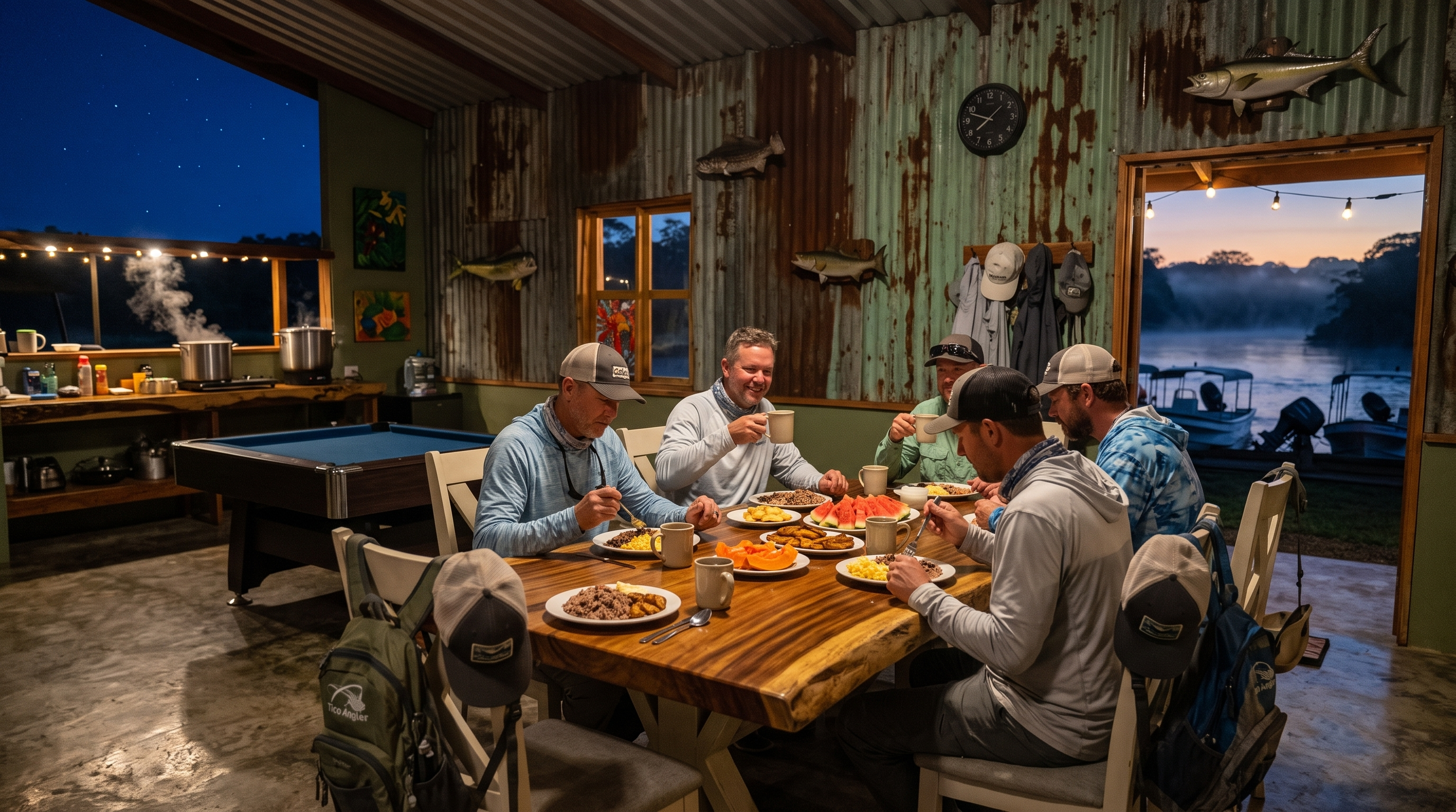 Early breakfast and fly fishing gear prepared at a Costa Rica lodge