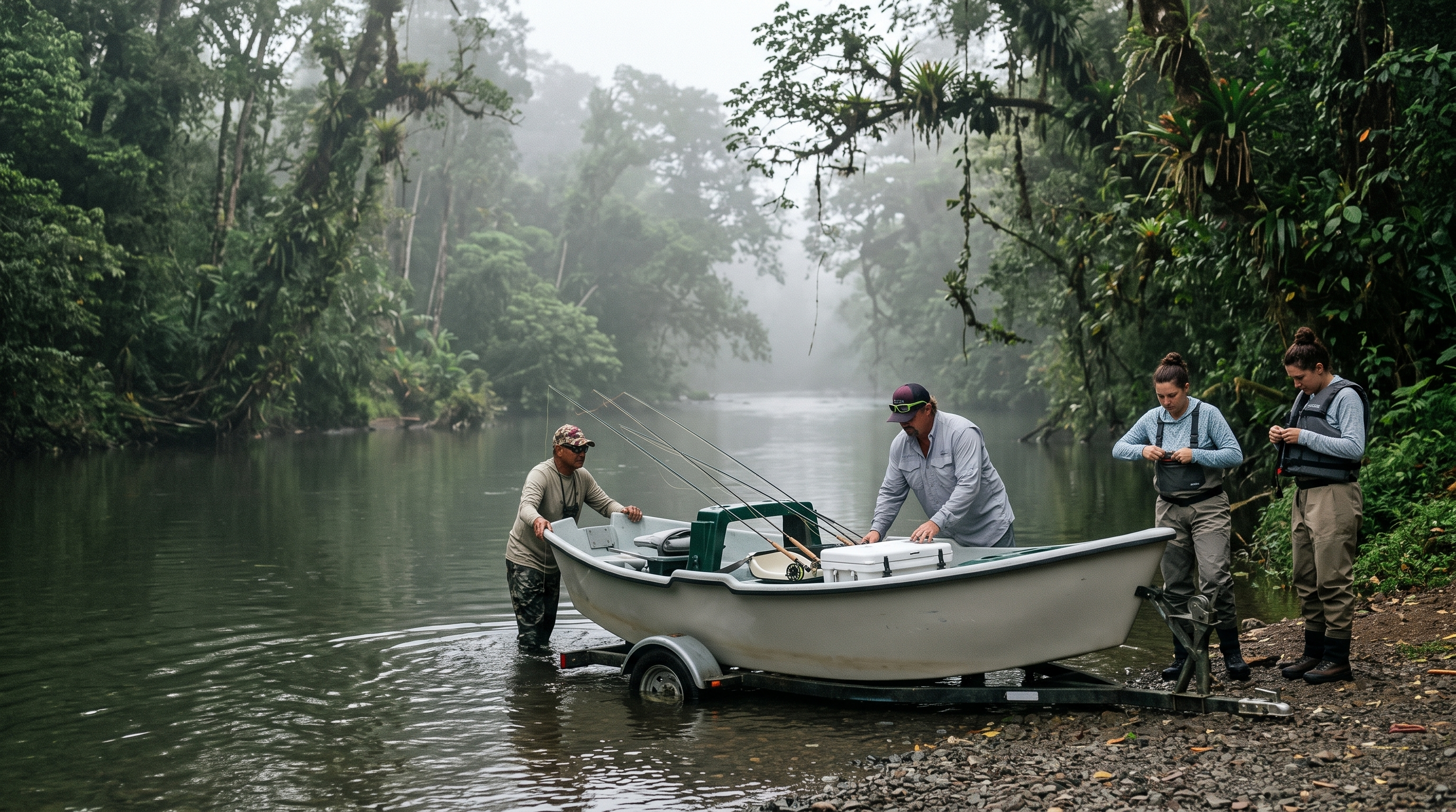 Guides launching a drift boat on the Rio Nino in Costa Rica