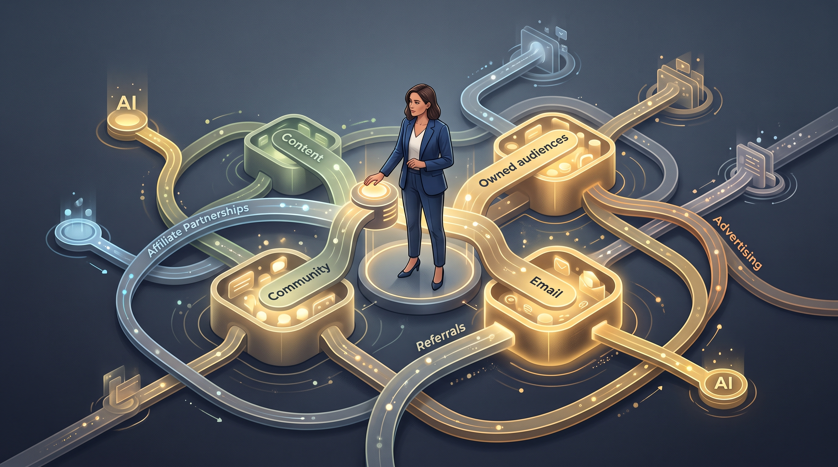 Entrepreneur navigating affiliate, content, social, email and AI marketing pathways in 2026