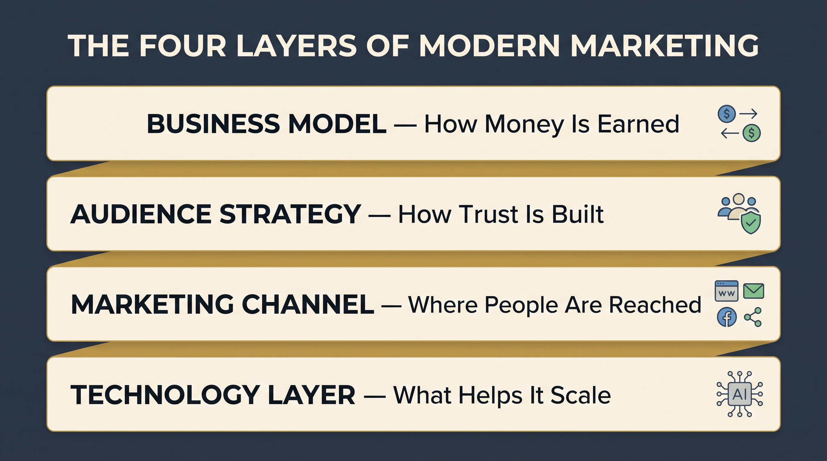 Four layers of modern marketing showing business model, audience strategy, channel and technology