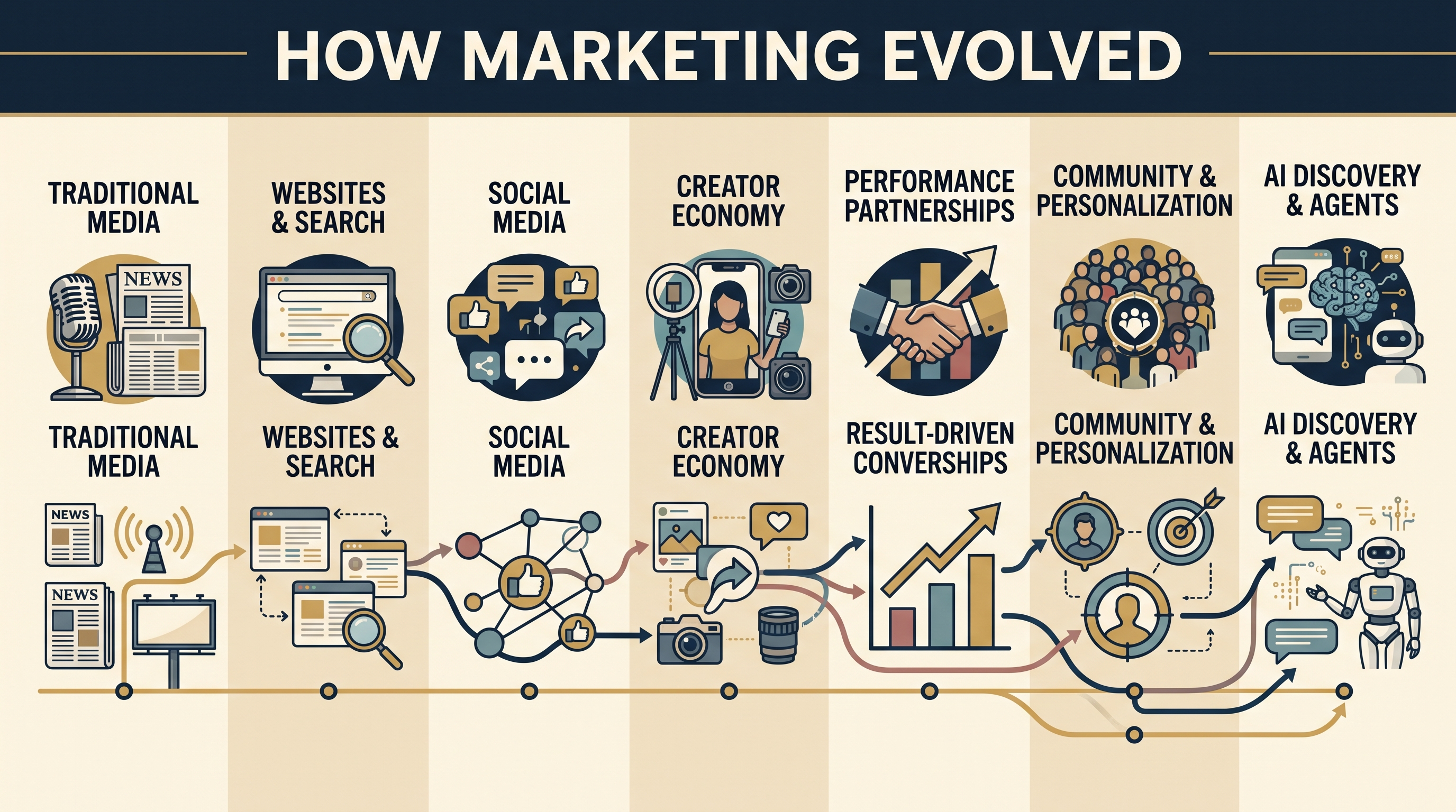 Timeline of marketing evolving from traditional media to websites, creators, communities and AI agents