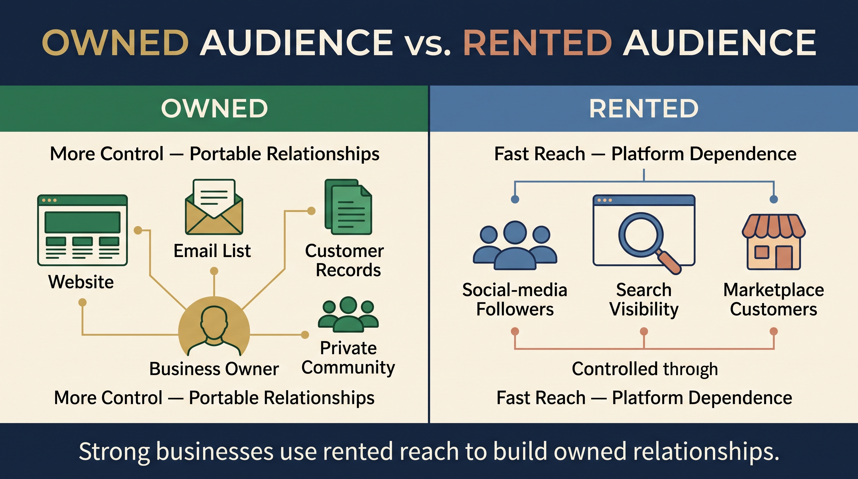 Owned website and email audience compared with rented search, social and marketplace reach