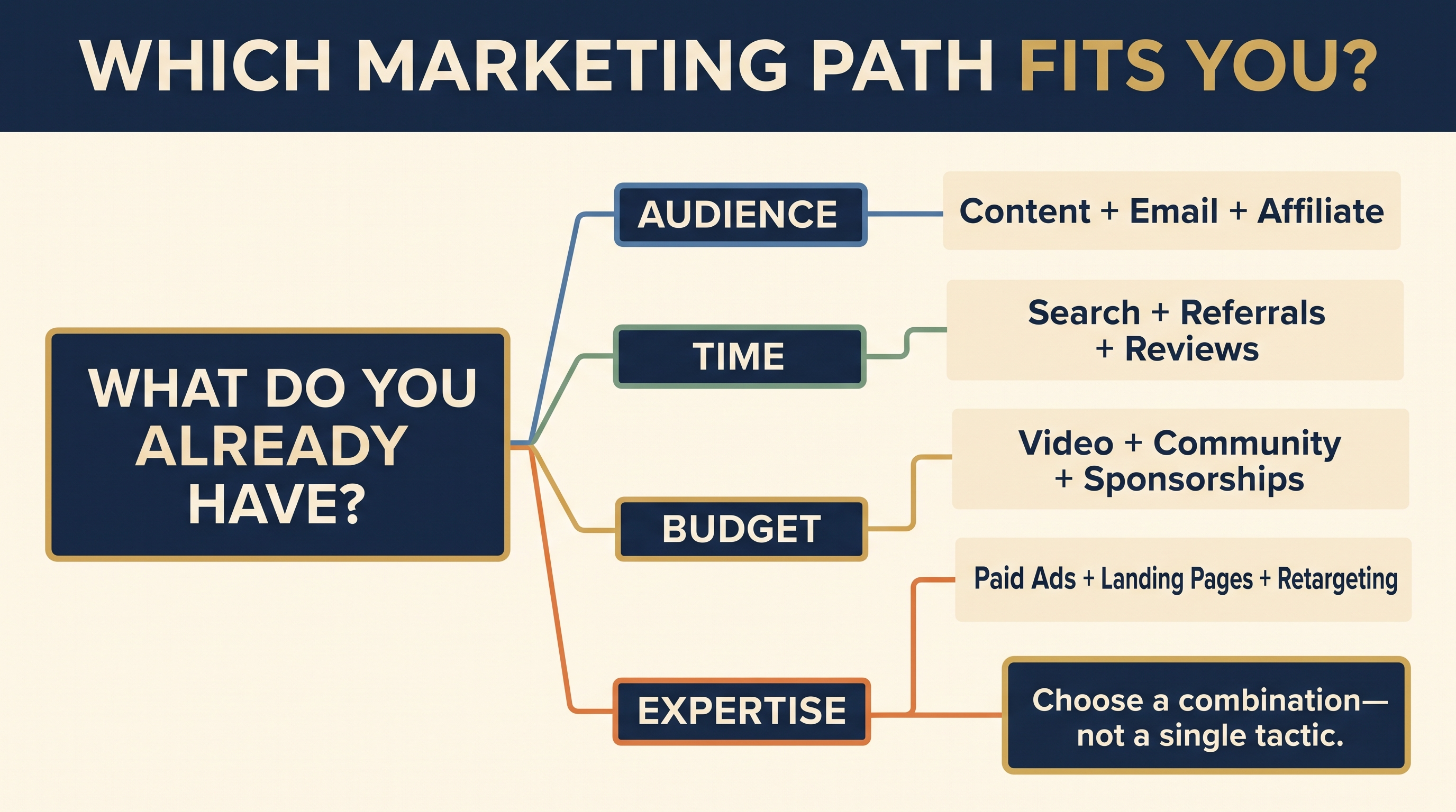 Decision tree for choosing marketing strategies using audience, time, budget and expertise