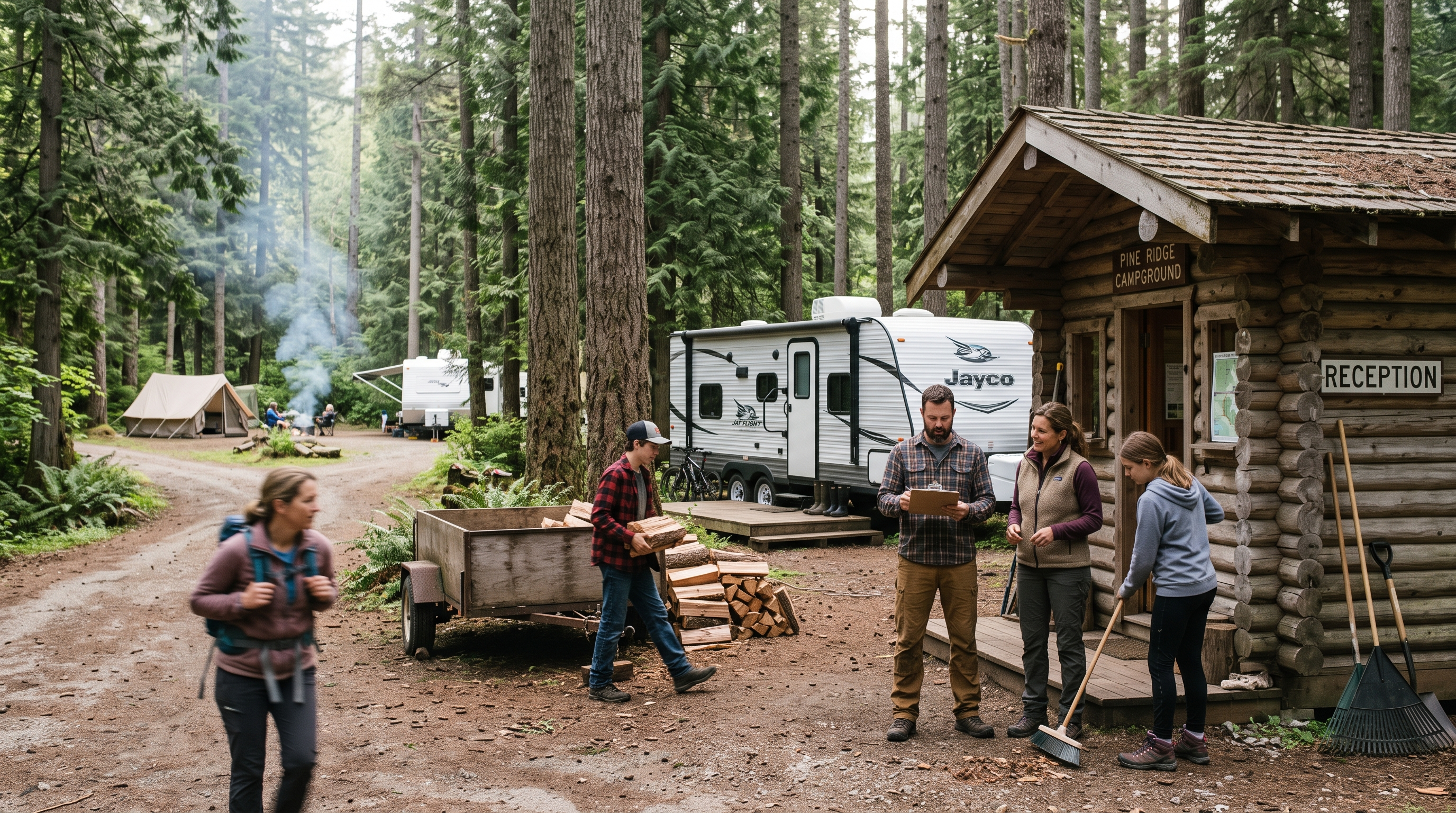 Family working and living at a British Columbia campground during a seasonal work camping position